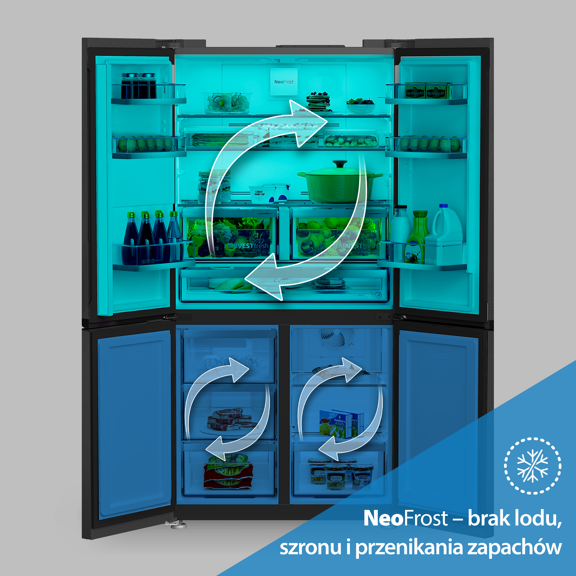Lodówka z otwartymi drzwiami, wypełniona jedzeniem i oświetlona na niebiesko.