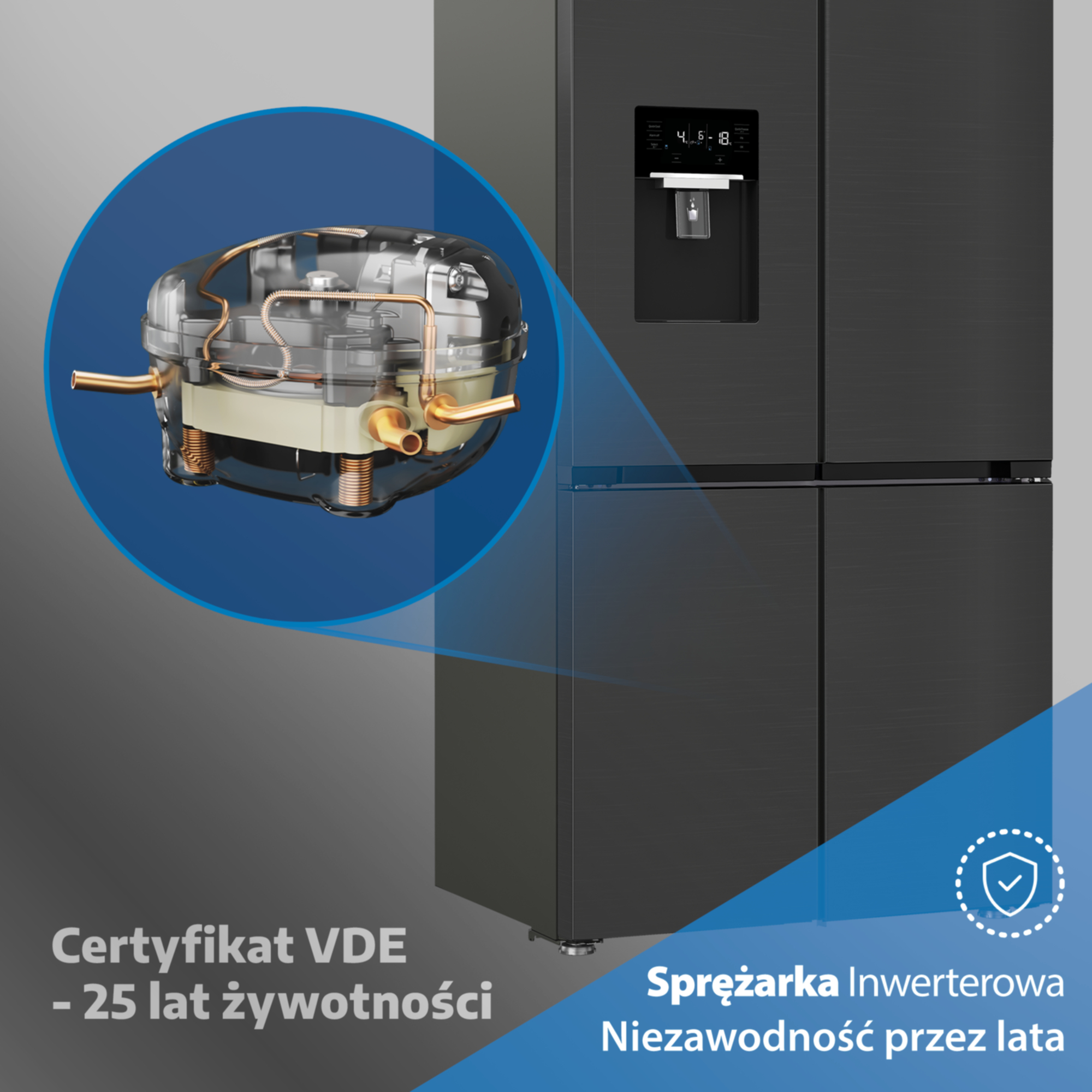 Czarna lodówka ze szczegółowym kompresorem. Certyfikat VDE.