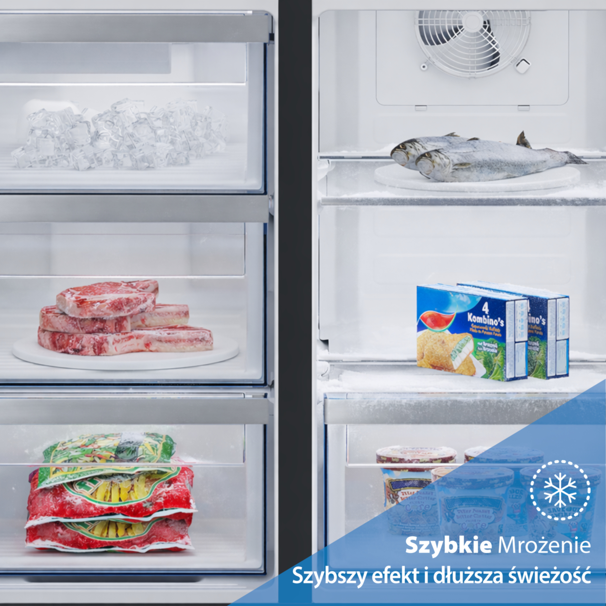 Zamrażarka z kostkami lodu, rybą, mięsem i mrożonkami.