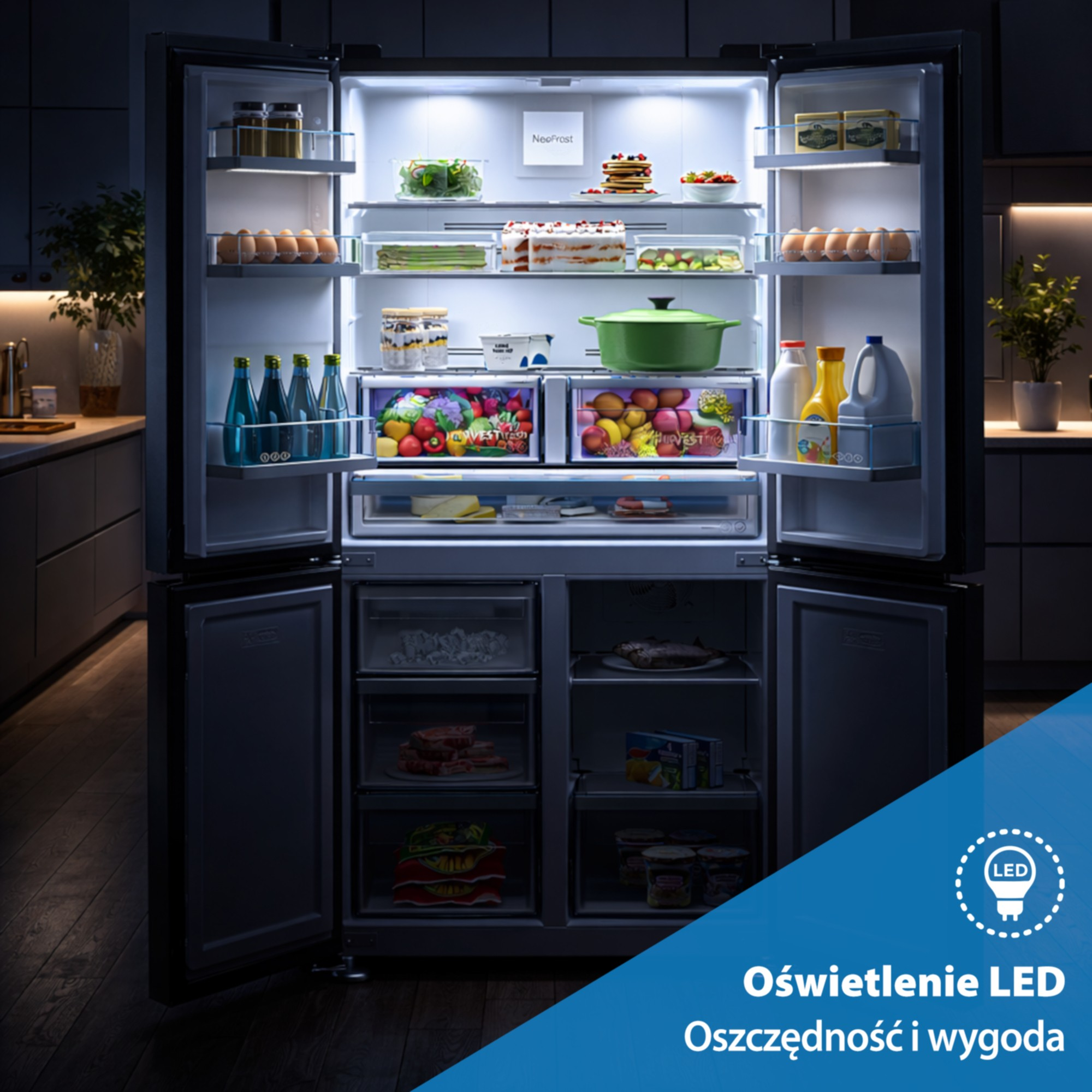 Otwarta lodówka z oświetleniem LED, wypełniona artykułami spożywczymi.