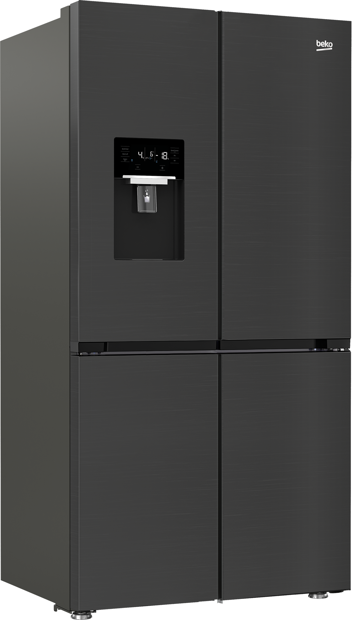 Czarna, czterodrzwiowa lodówka Beko z dozownikiem wody.