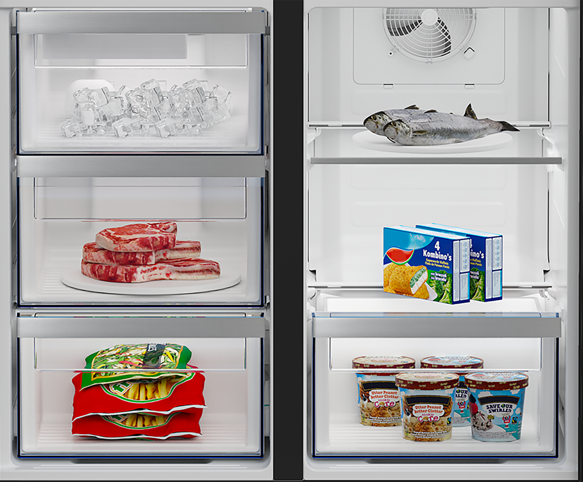 Lodówka z kostkami lodu, surowym mięsem, rybą i mrożonkami.