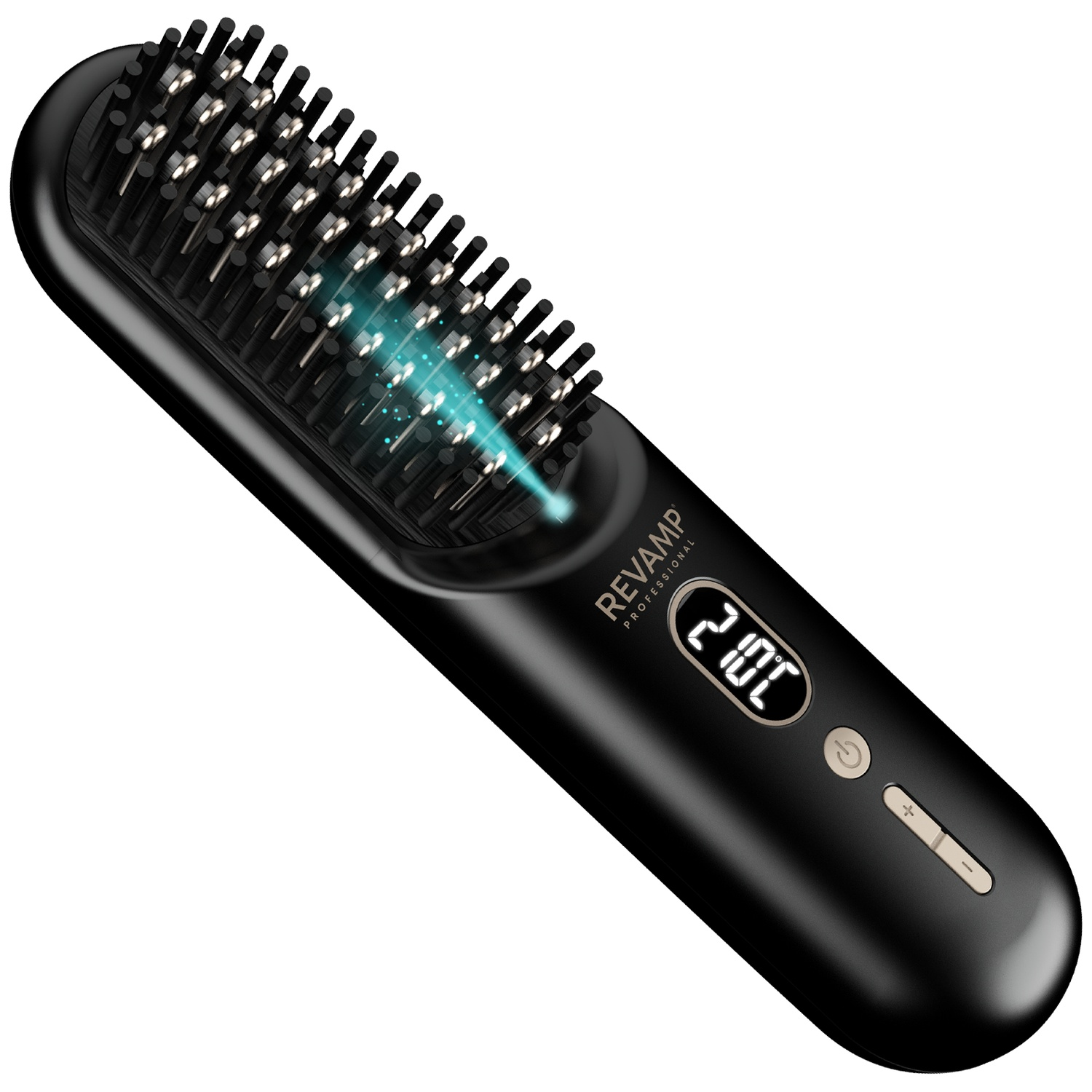 Black straightening brush with blue steam emission and digital temperature display.