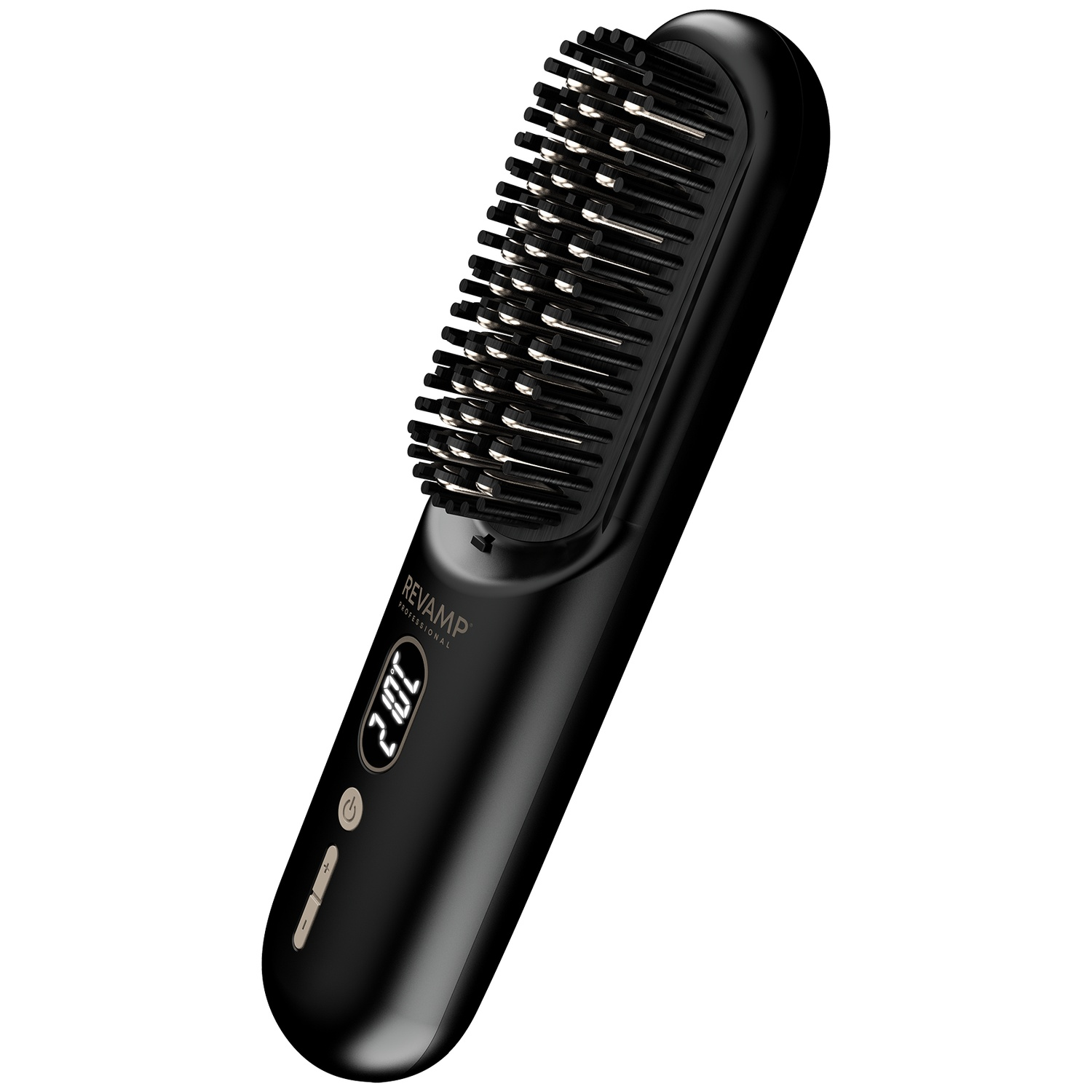 A black Revamp Professional straightening brush with digital temperature display.
