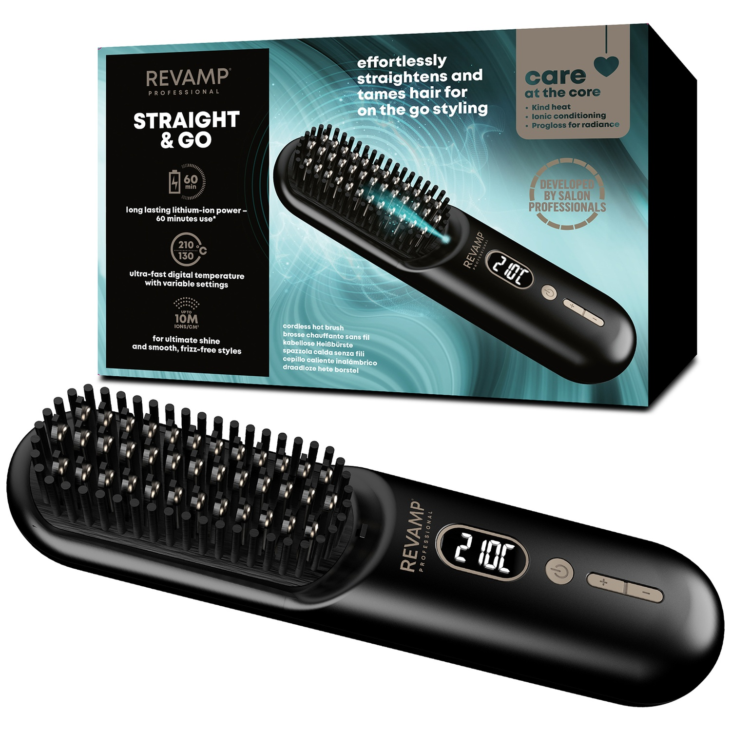 Black REVAMP straightening brush with digital display and charging indicator.