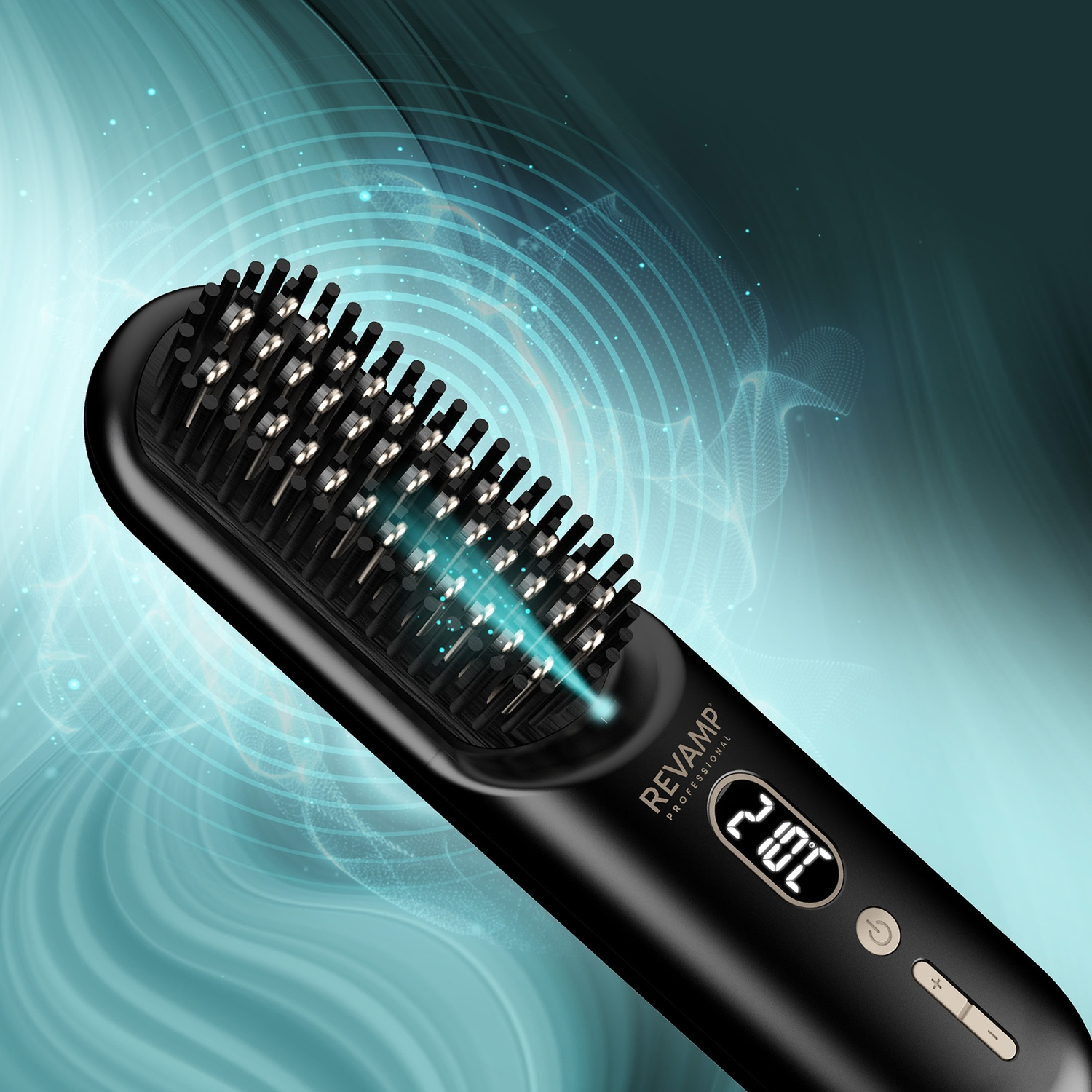 A black hair straightening brush with bristles and a digital temperature display on a blue background.