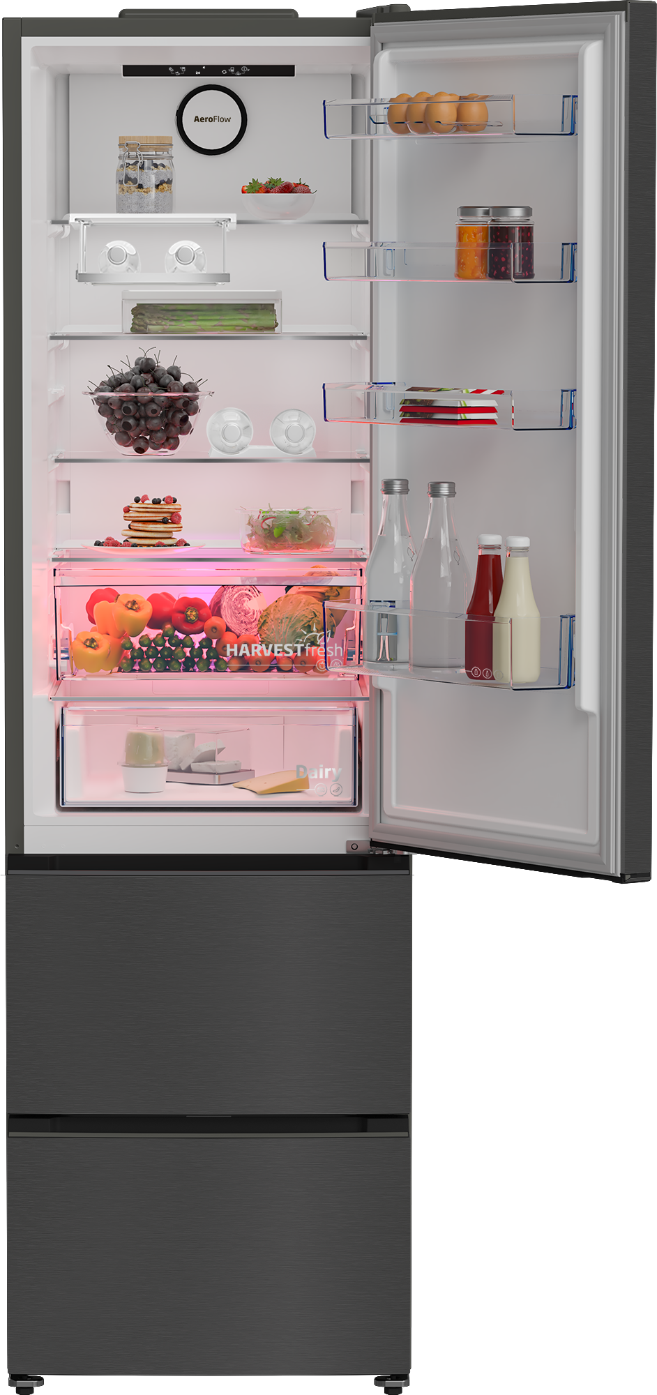 Pełna lodówka z owocami, warzywami, jajkami, nabiałem i napojami.