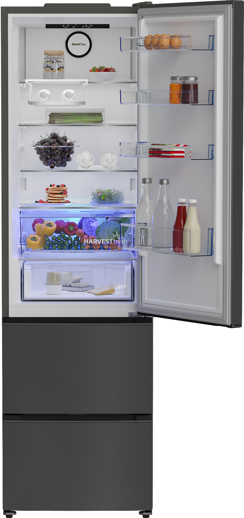 Otwarta lodówka z jajkami, owocami, warzywami i napojami.