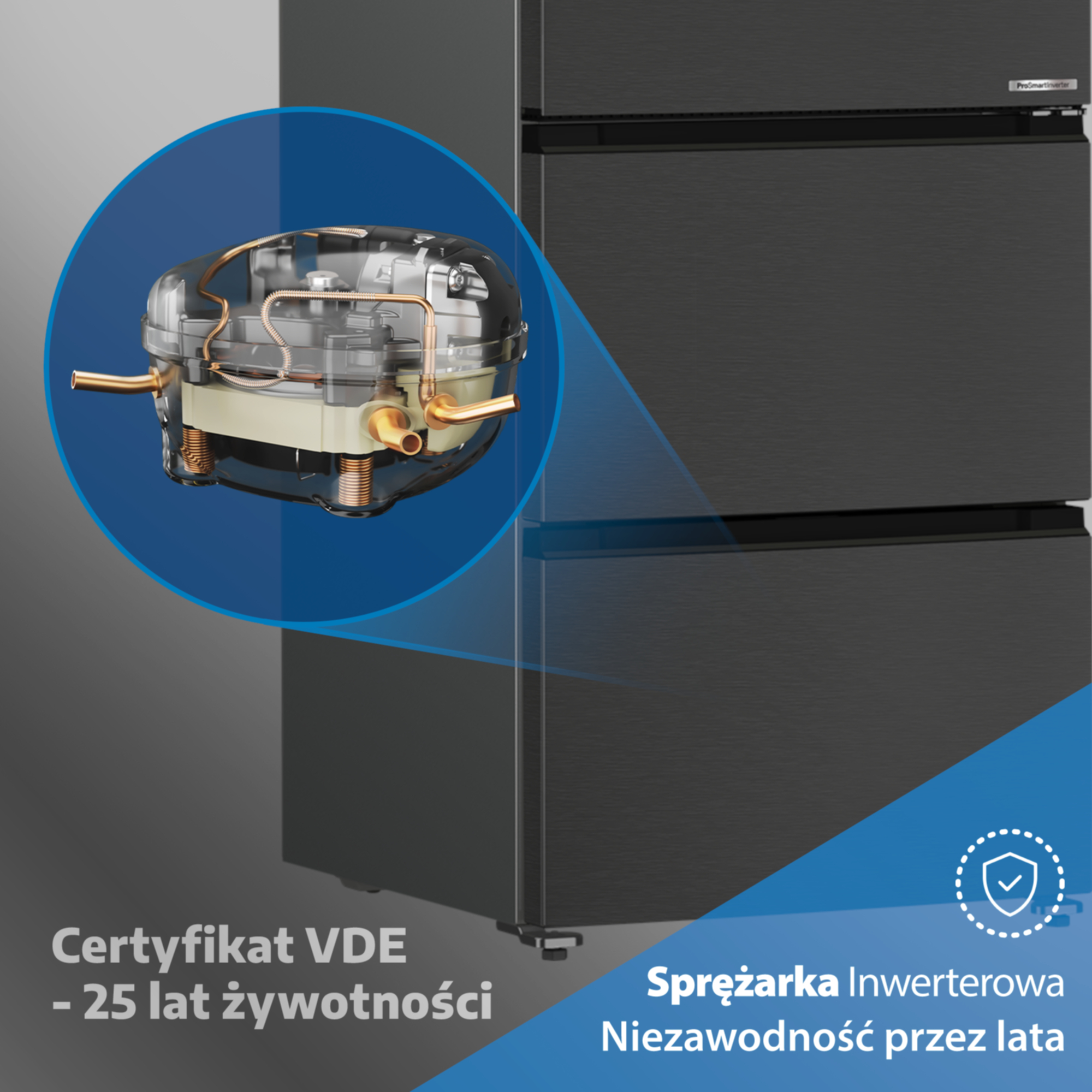 Szczegółowy widok sprężarki lodówki, certyfikat VDE na 25 lat.