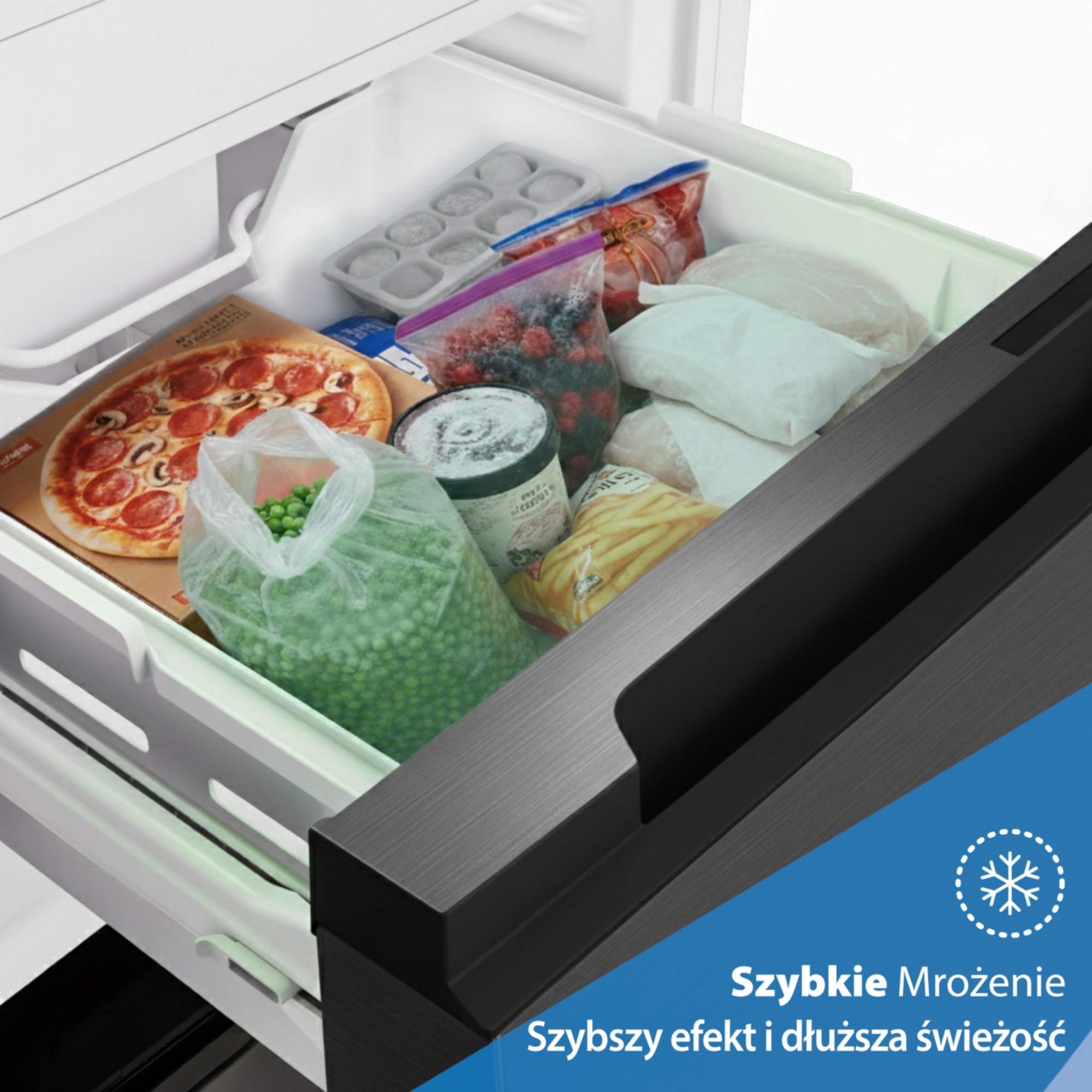 Szuflada zamrażarki z pizzą, groszkiem, jagodami, frytkami i rybą.