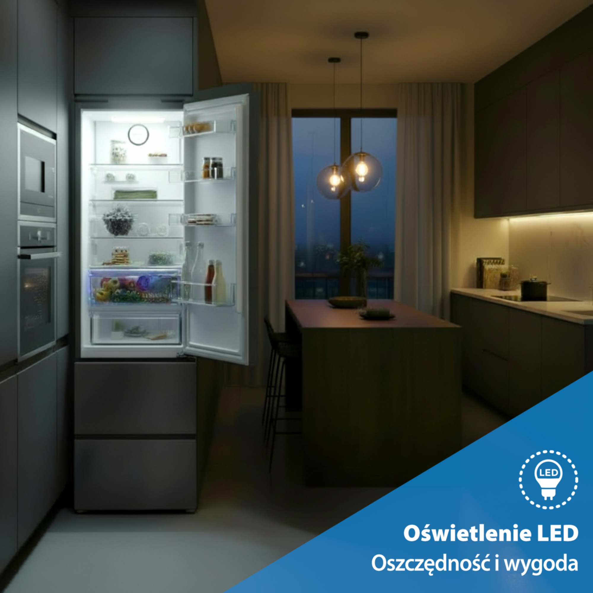 Kuchnia nocą z otwartą lodówką. Oświetlenie LED wewnątrz i nad blatem.