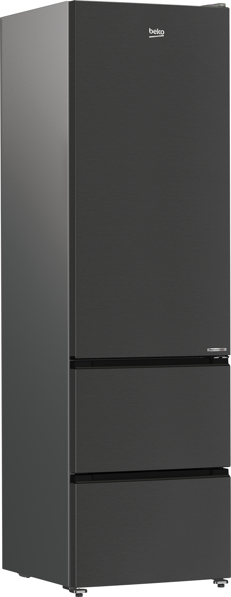 Ciemna lodówka Beko z trzema szufladami i srebrnymi uchwytami.