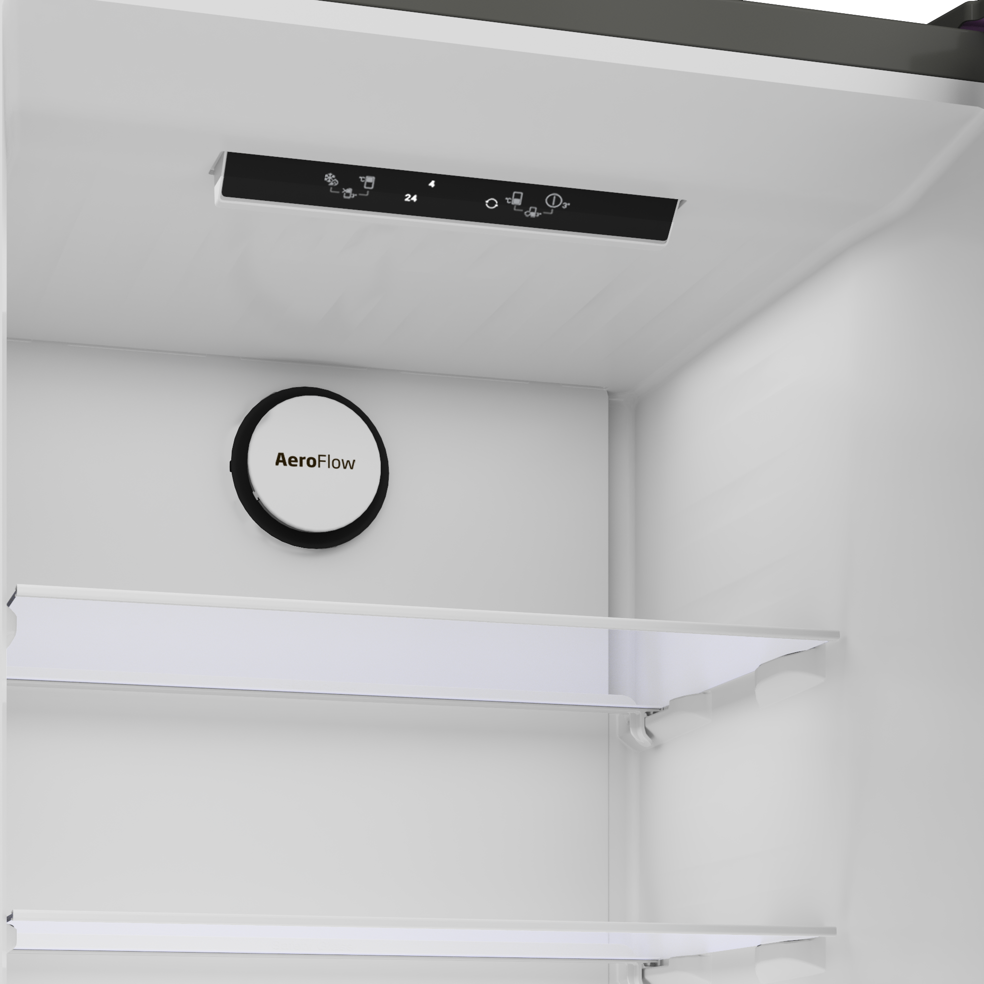 Wnętrze lodówki z półkami i wentylacją AeroFlow.