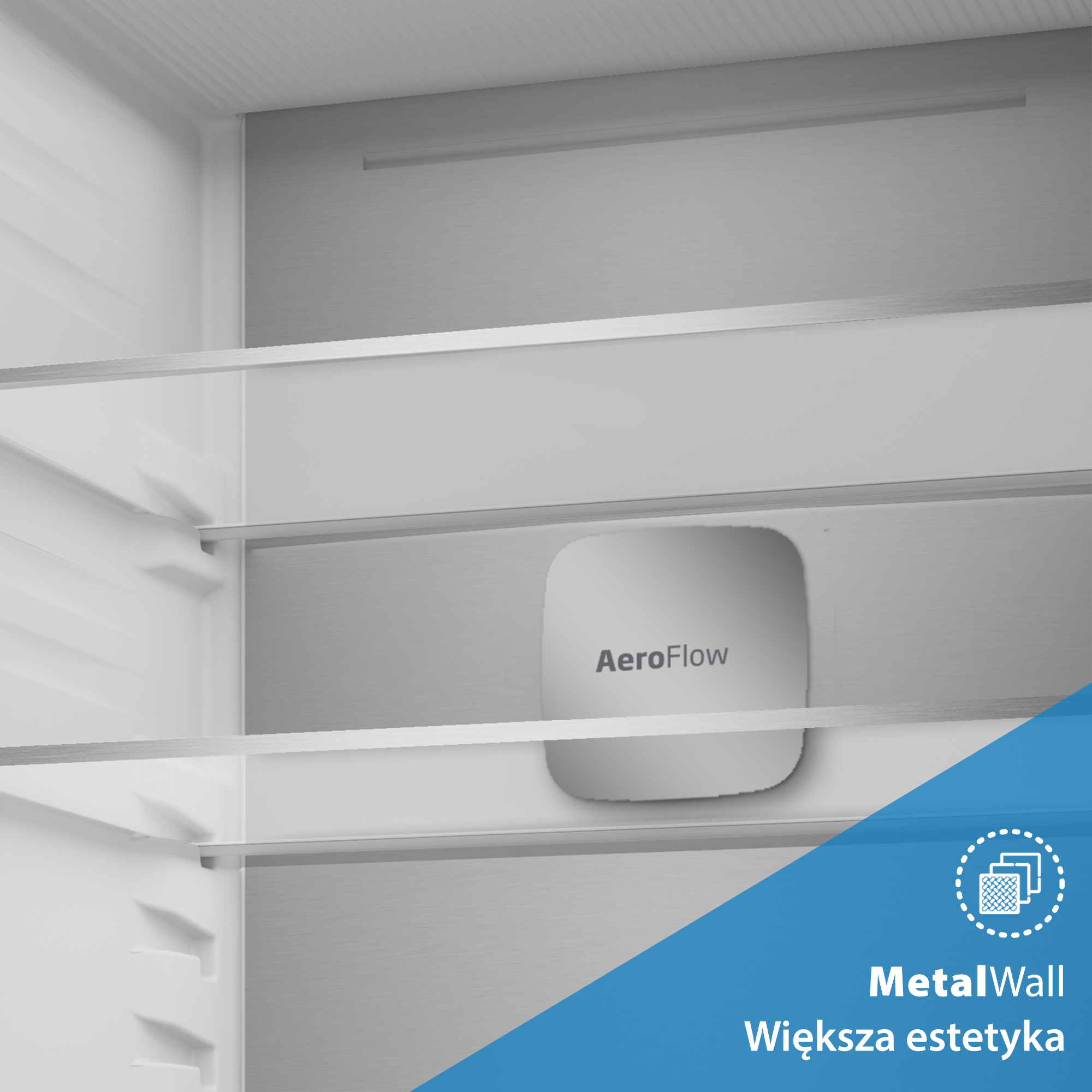 Wnętrze lodówki z MetalWall i technologią AeroFlow.