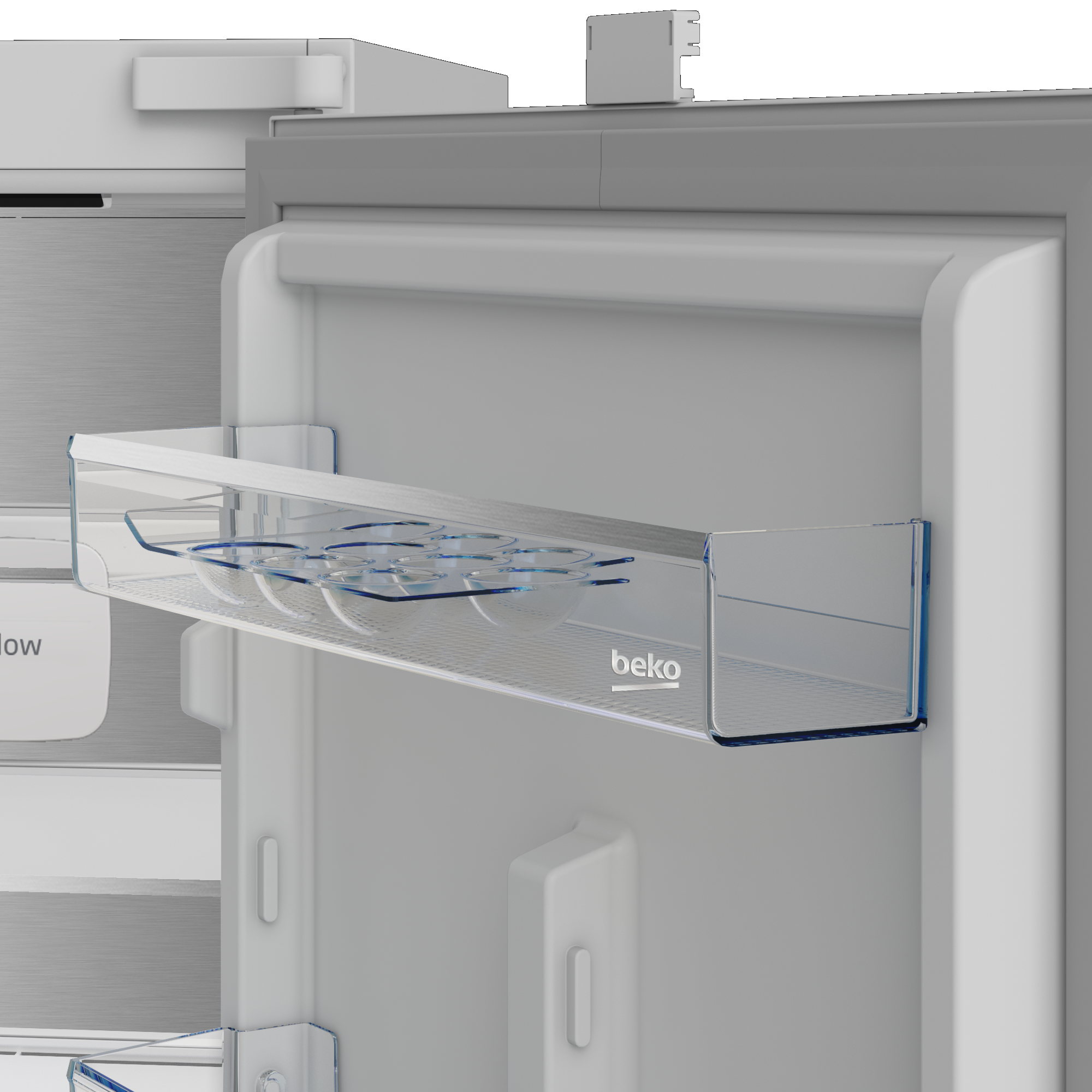 Przezroczysty pojemnik lodówkowy z wieloma okrągłymi przegrodami.