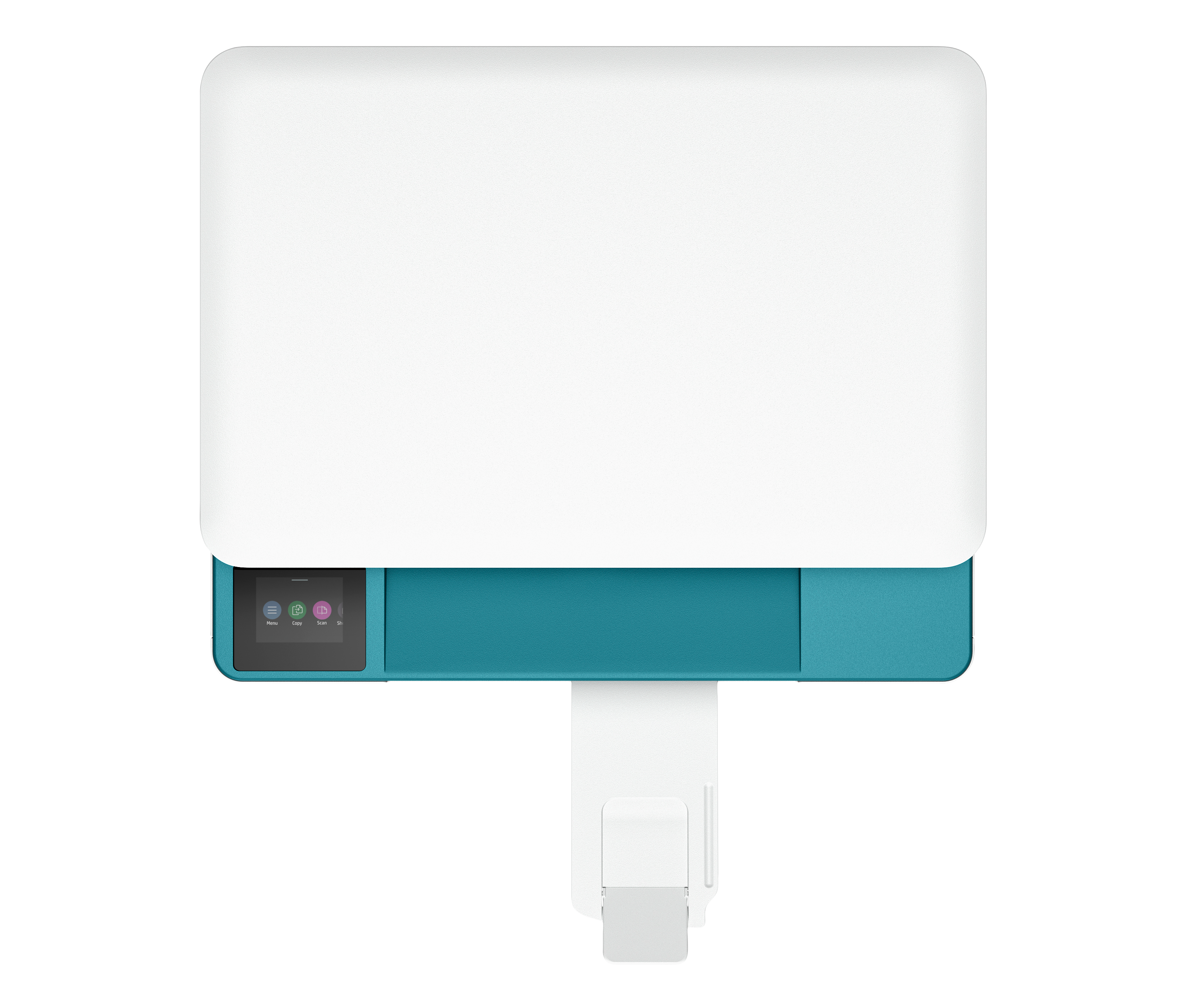 Biała drukarka z turkusowym korpusem i ekranem dotykowym.