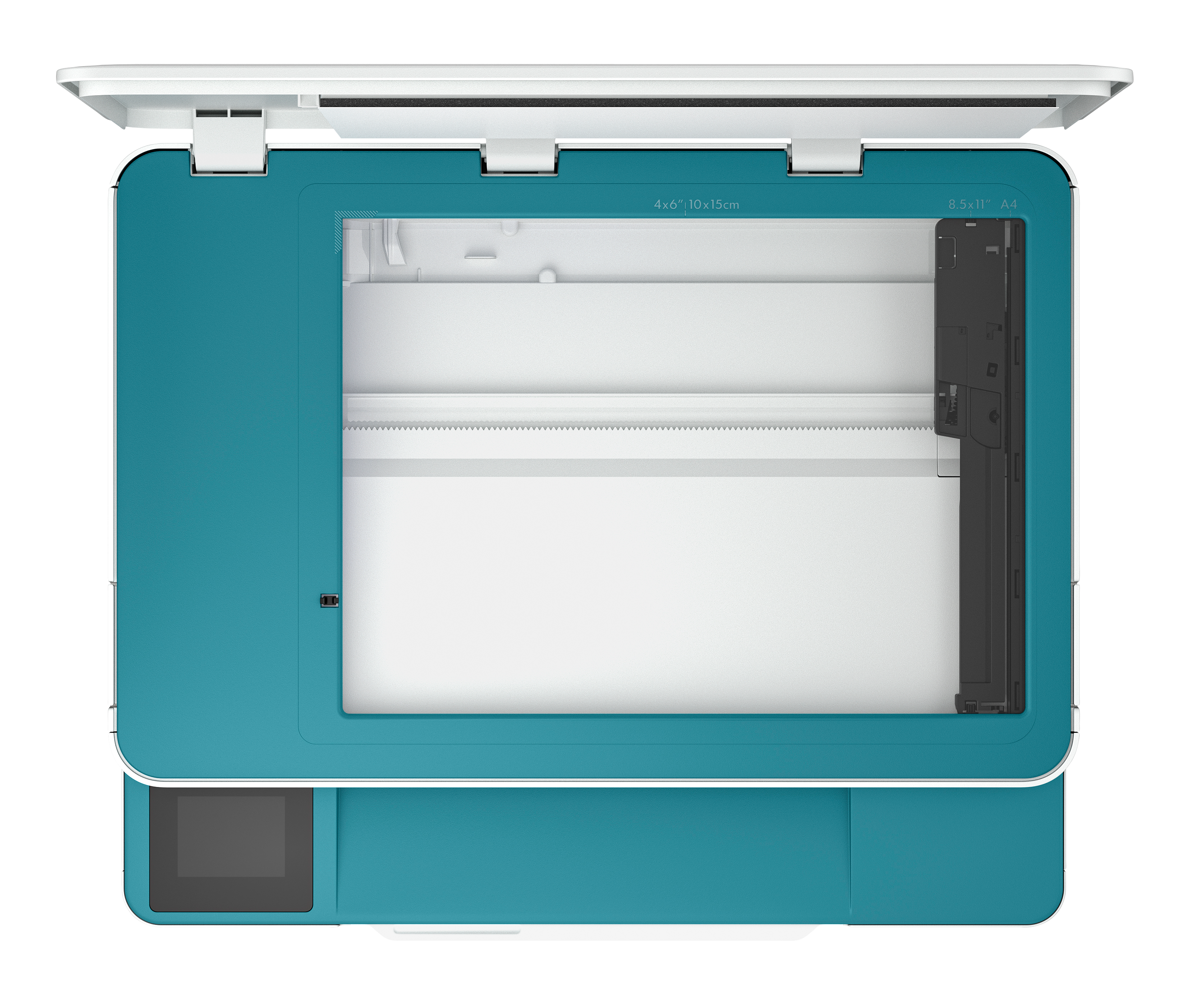 Niebieska drukarka z otwartą pokrywą skanera, widok z góry.