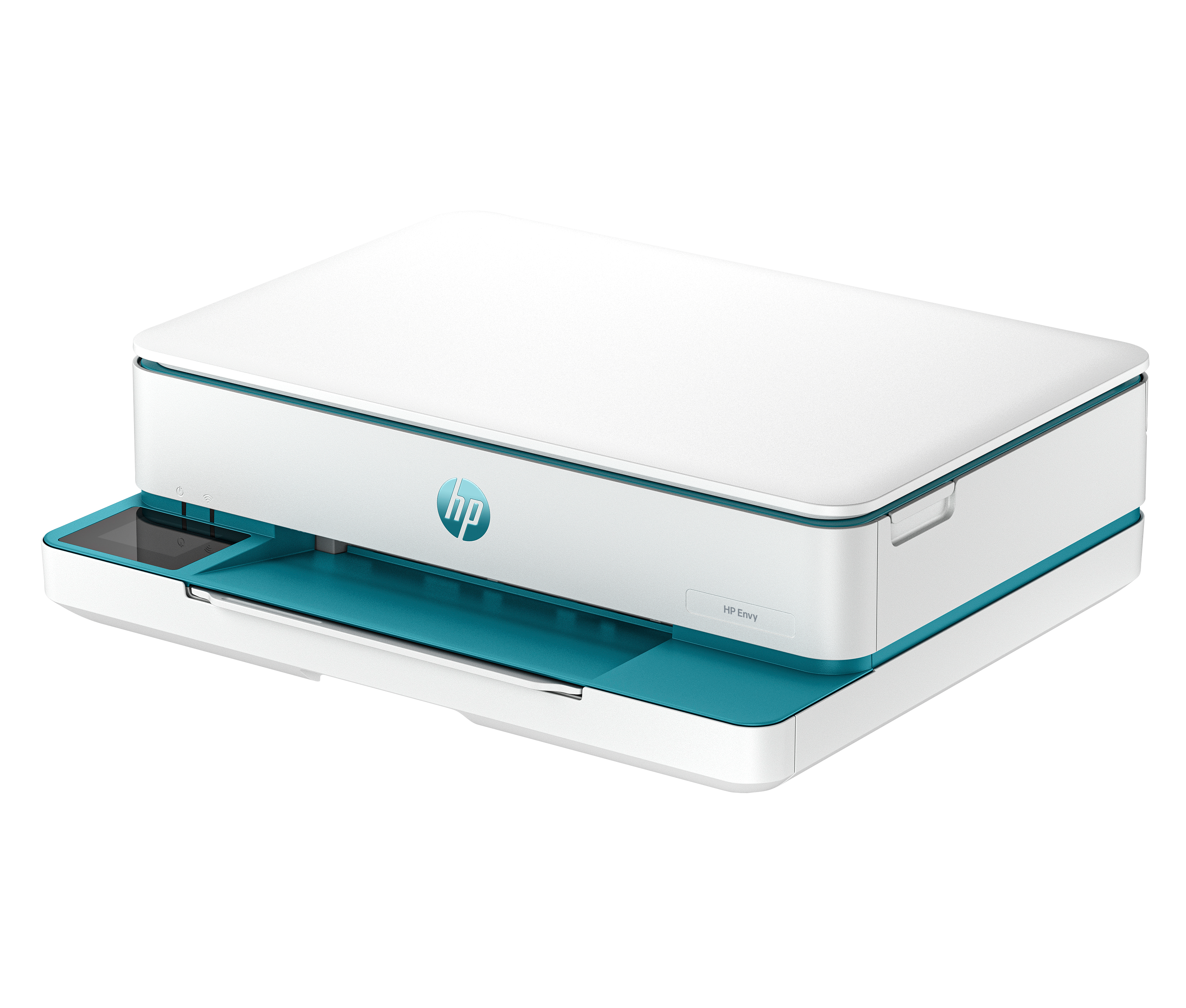 Biała drukarka HP Envy z turkusowymi akcentami i małym ekranem.
