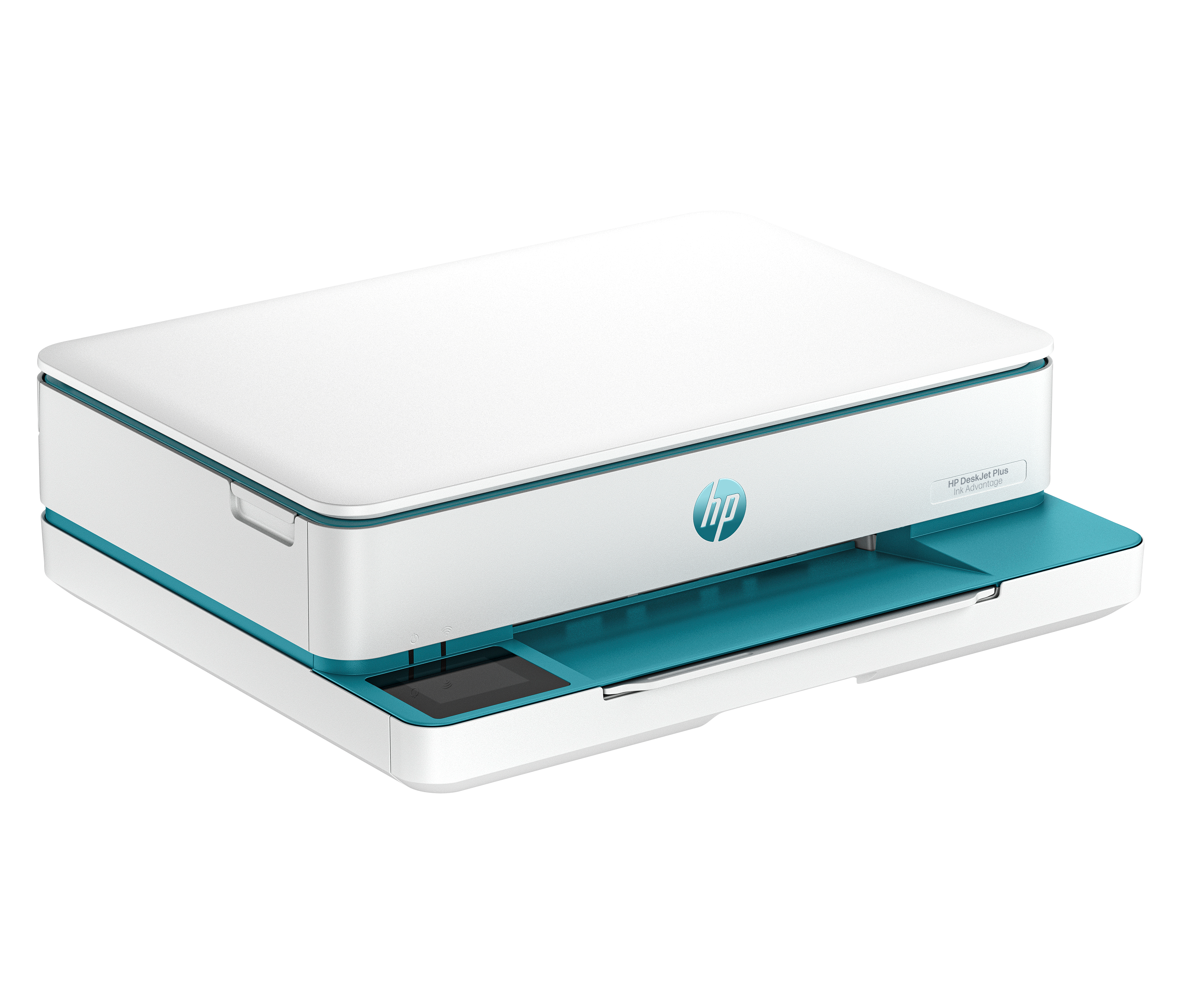Biała drukarka HP z turkusowymi akcentami i małym ekranem.