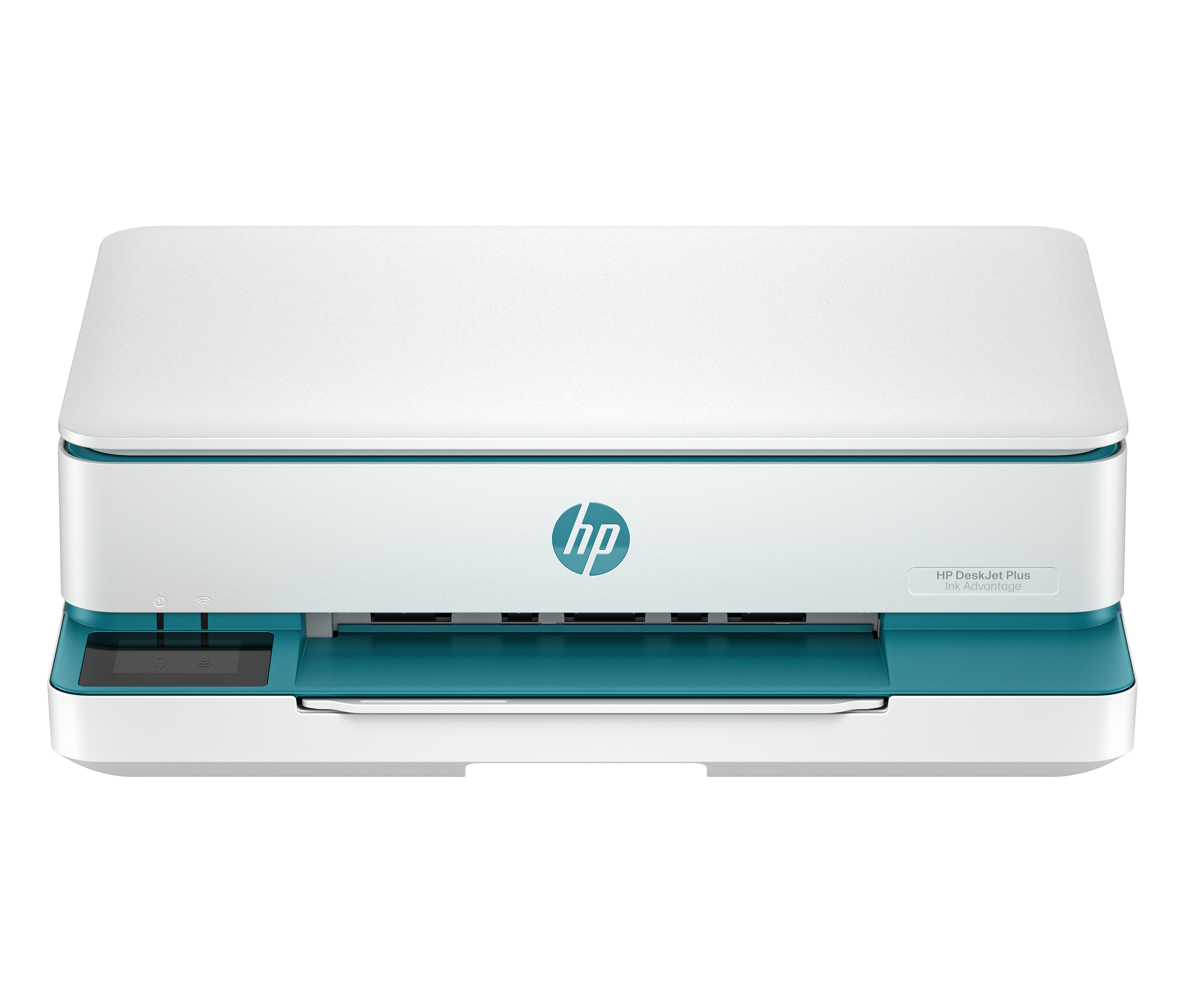 Biała drukarka HP DeskJet Plus z turkusowymi akcentami na czarnym tle.
