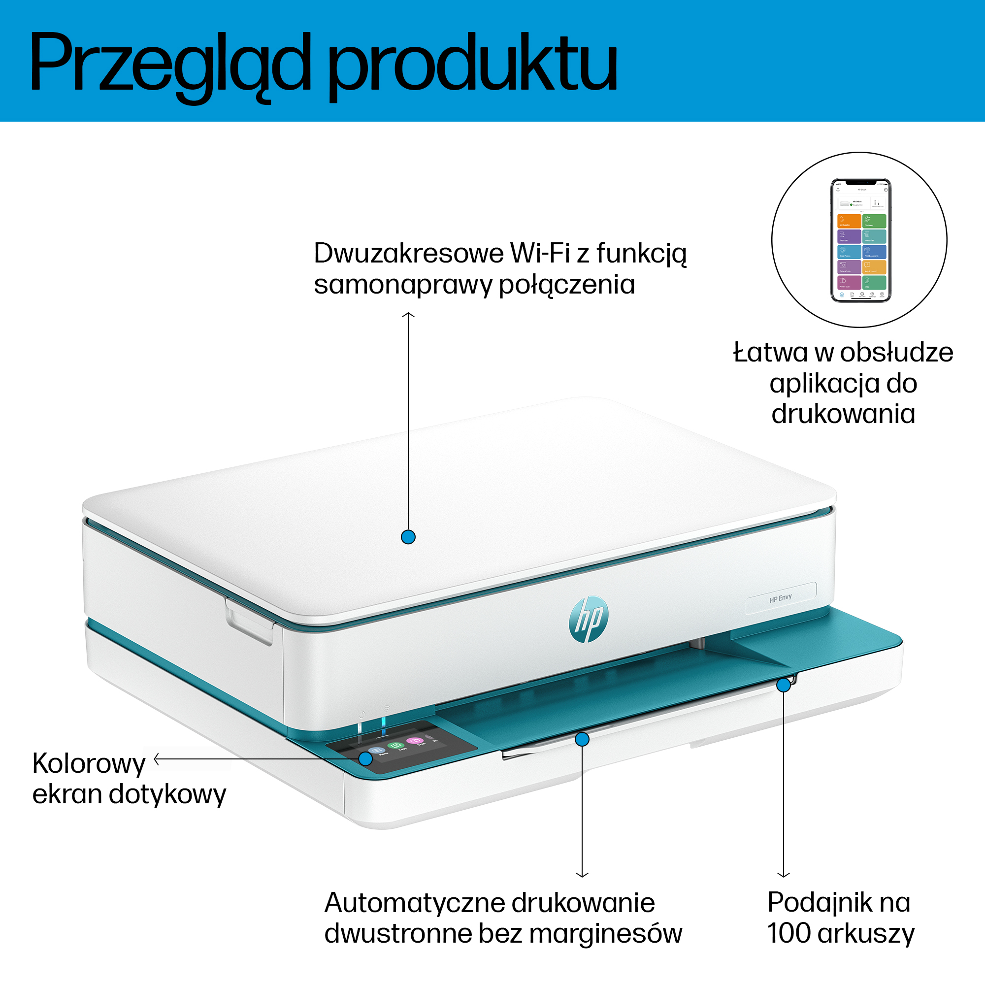 Biała i turkusowa drukarka HP z ekranem dotykowym i przeglądem aplikacji.