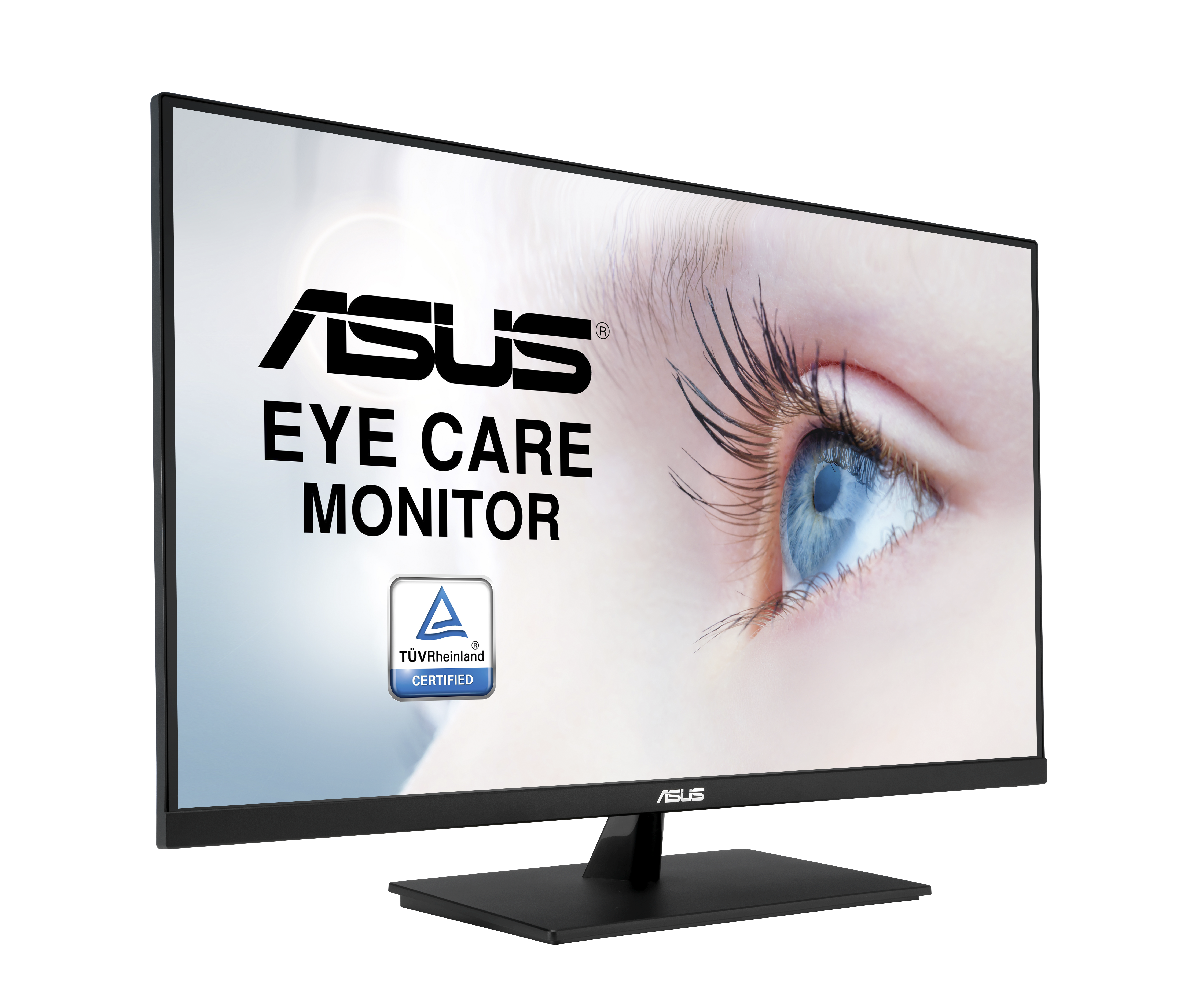Monitor ASUS Eye Care z niebieskim okiem i logo TÜV Rheinland Certified.