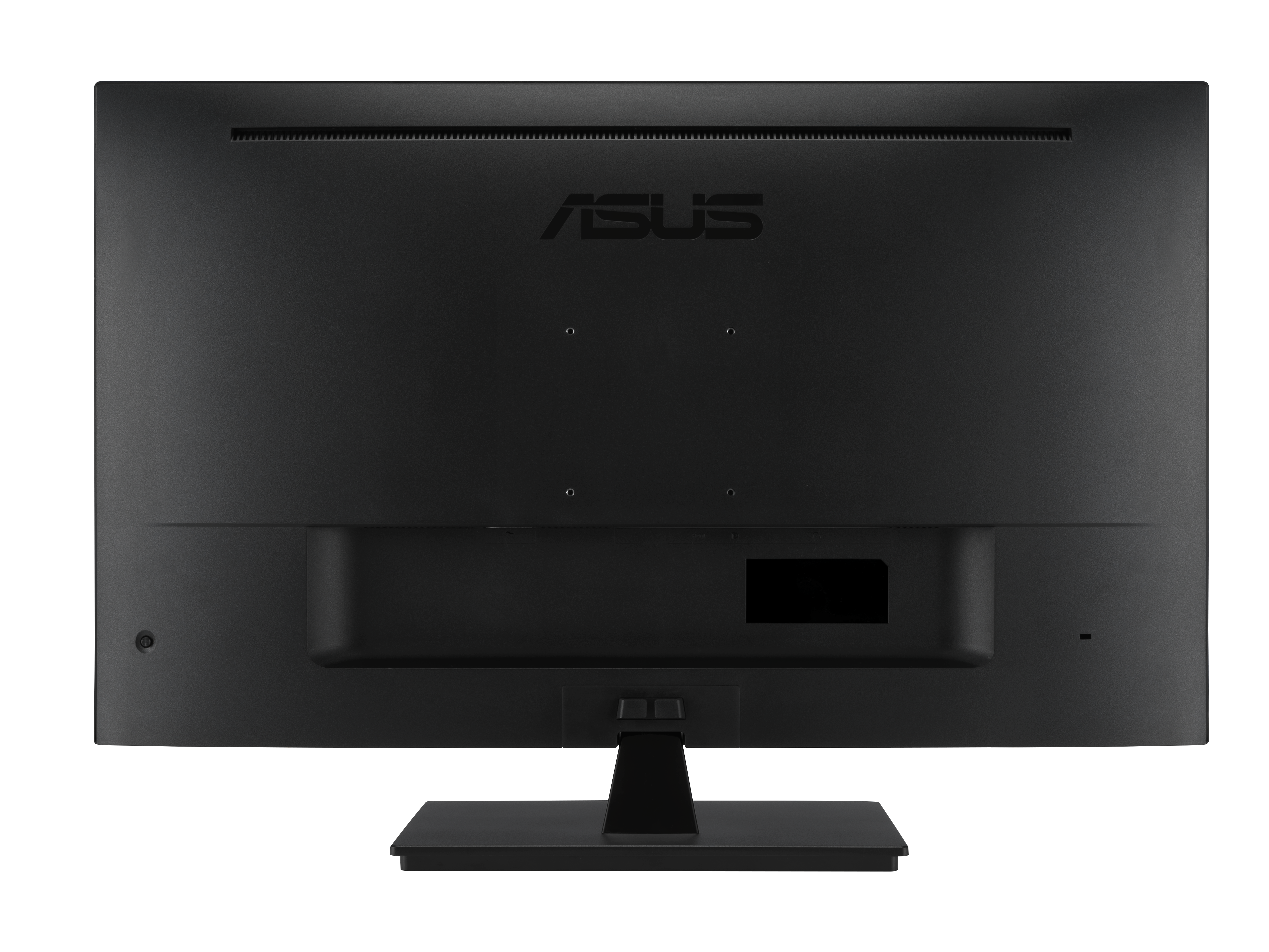 Tył czarnego monitora Asus ze stojakiem.