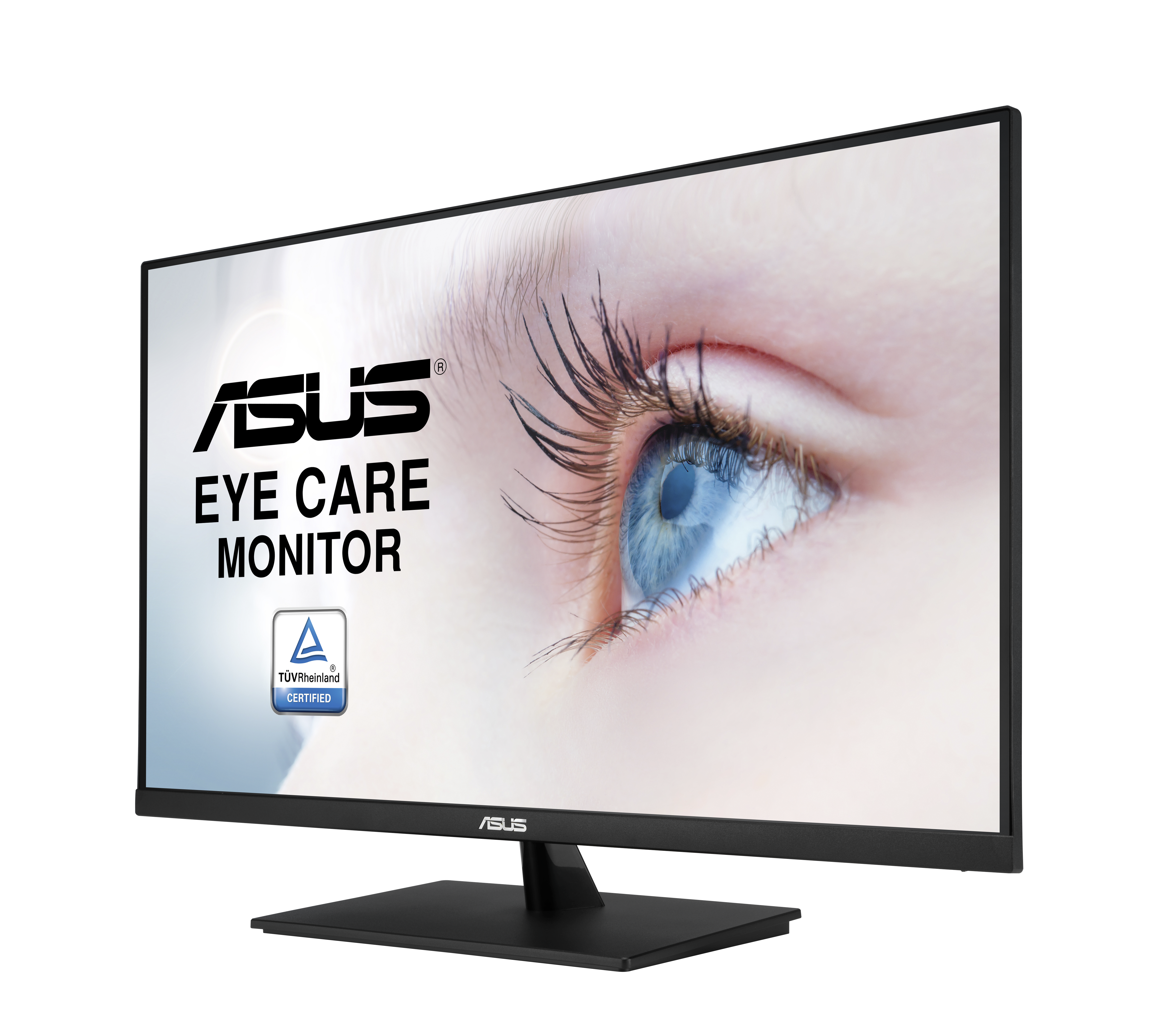 Monitor ASUS Eye Care z bliskim ujęciem niebieskiego oka, podkreślający komfort wzroku.