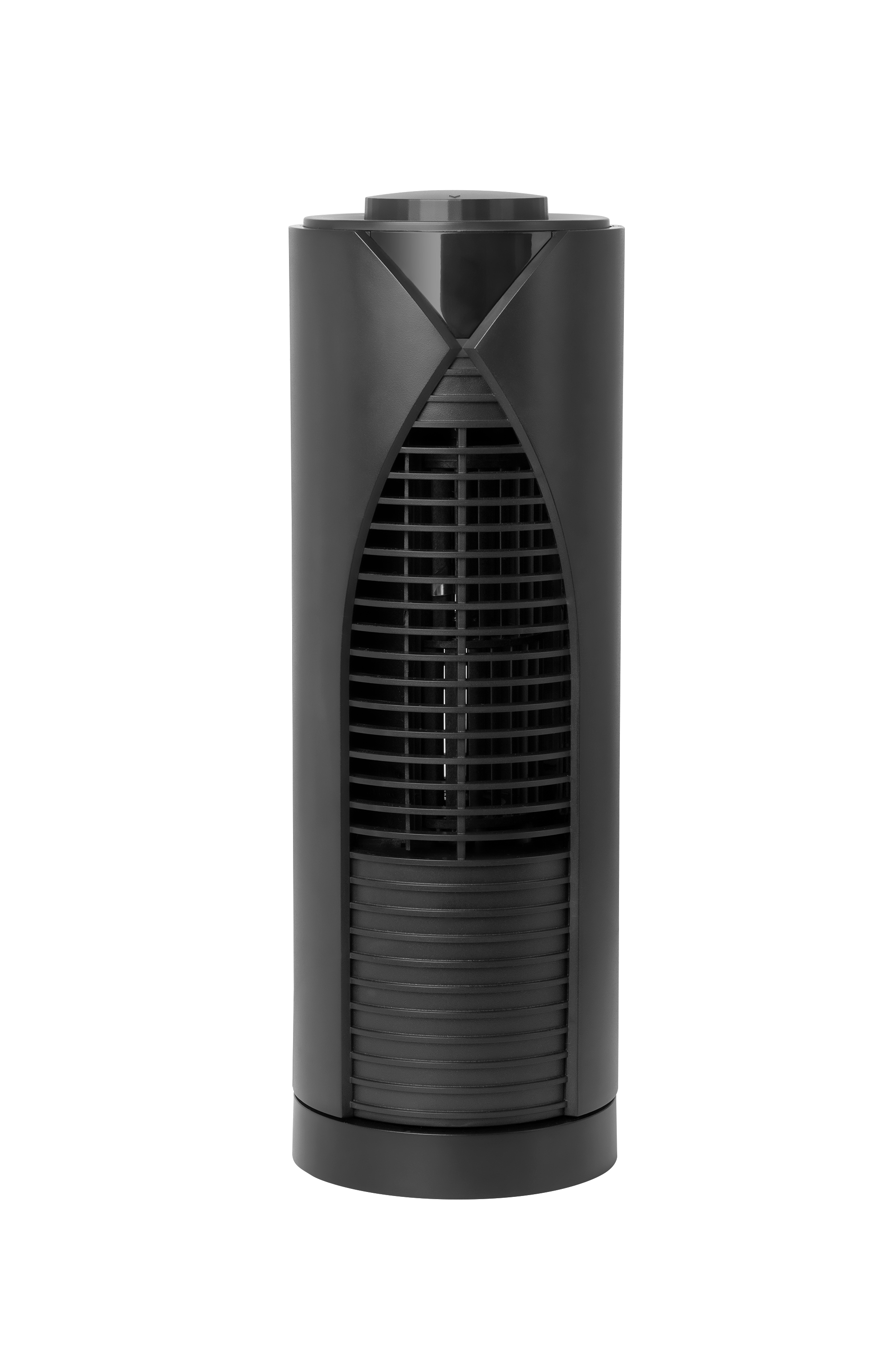 Czarny wentylator wieżowy z żaluzjami i okrągłą podstawą.