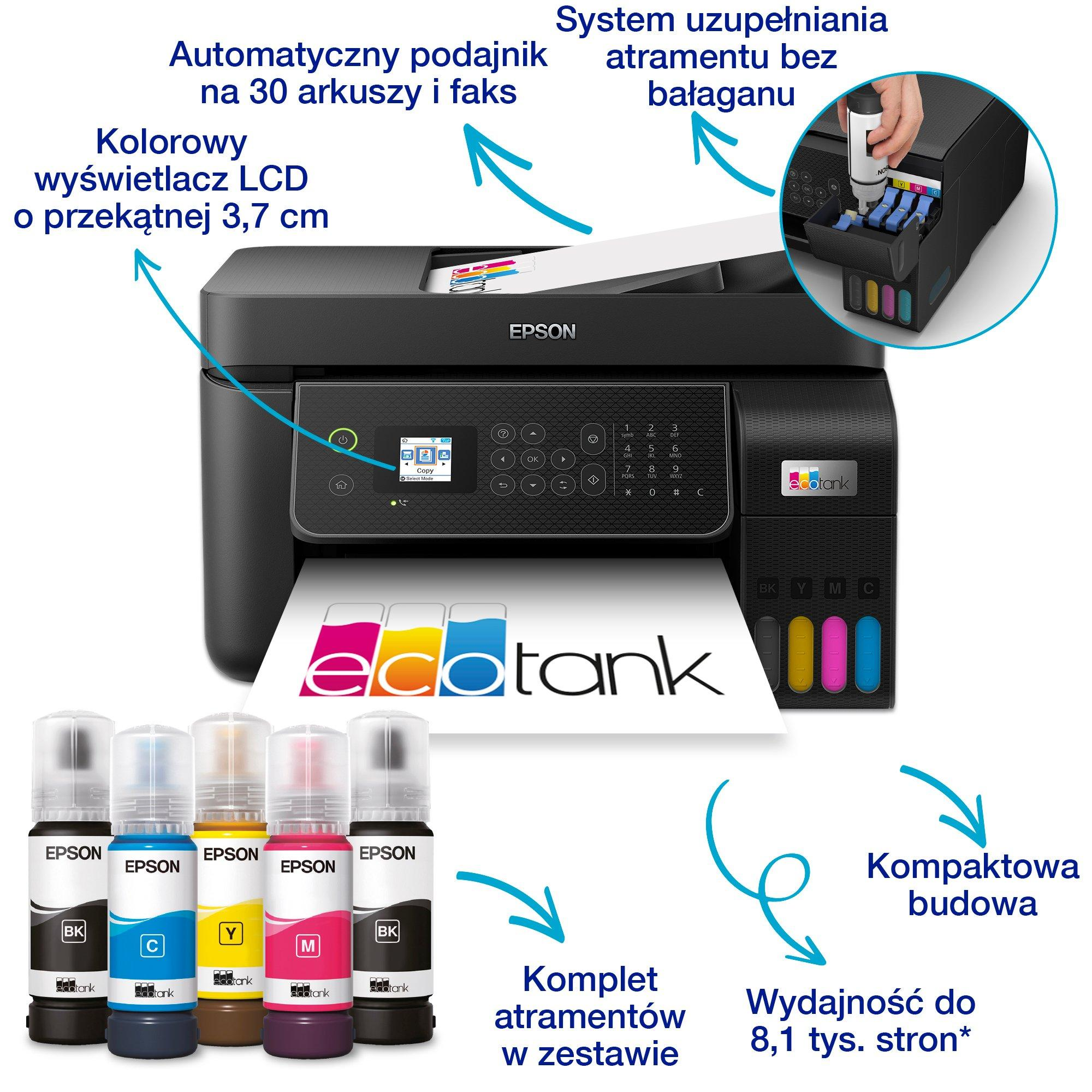 Drukarka Epson EcoTank z kolorowym ekranem LCD, automatycznym podajnikiem, bezproblemowe.