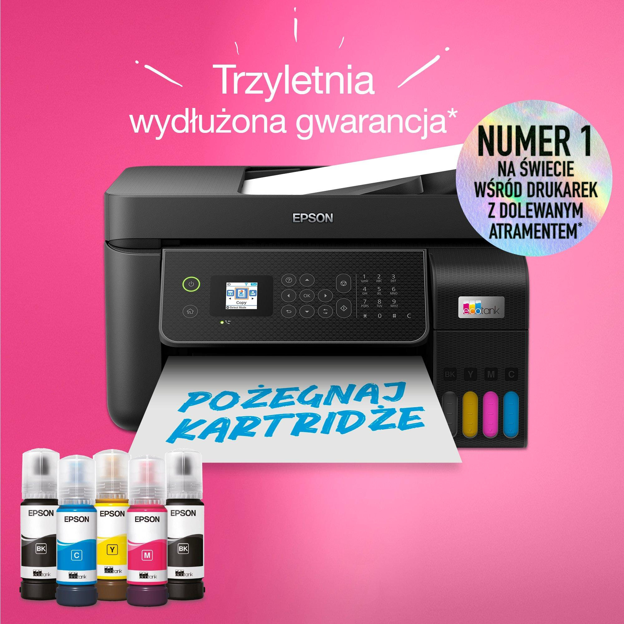 Drukarka Epson z EcoTank, butelkami z tuszem i ofertami gwarancji na różowym tle.