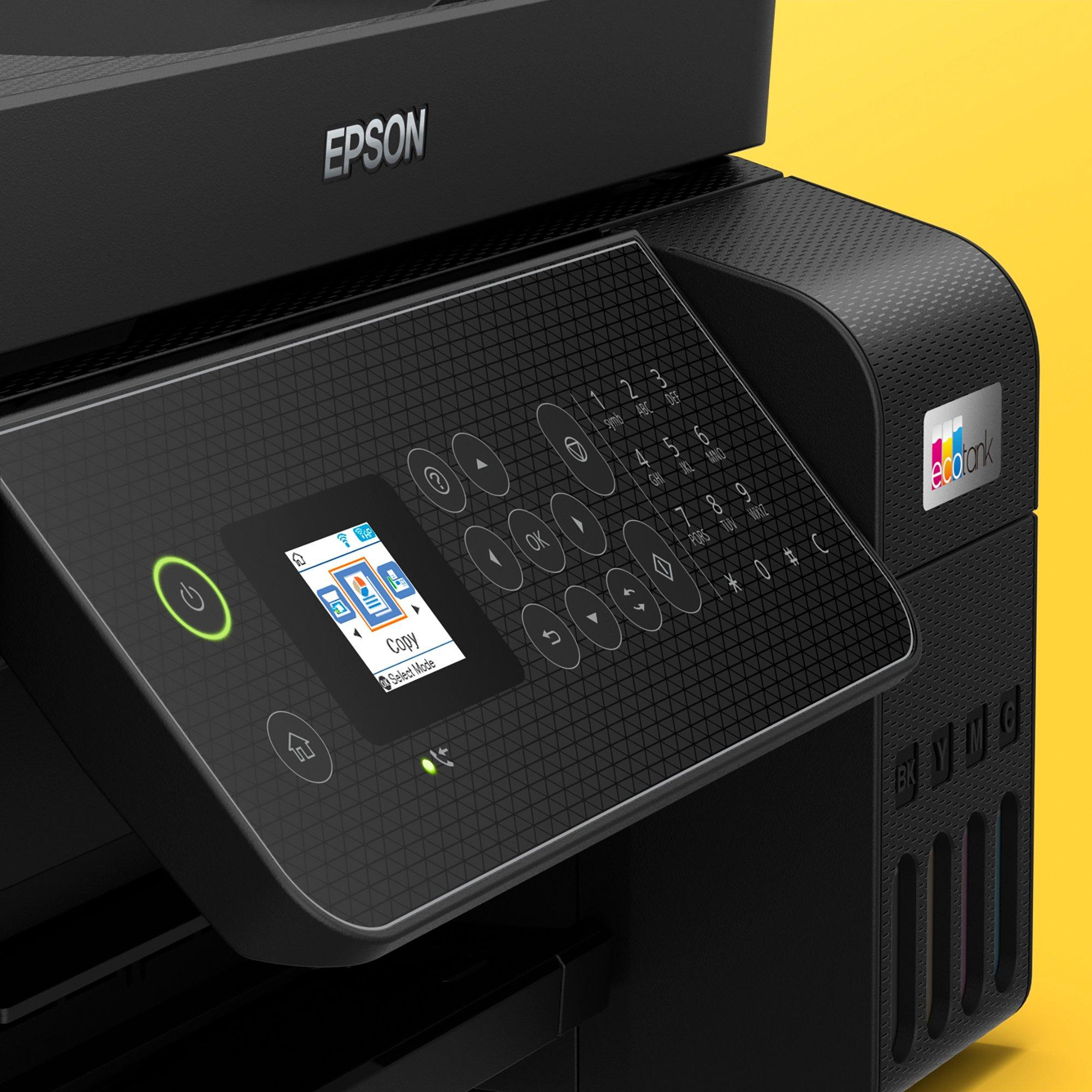 Czarna drukarka Epson Ecotank z panelem sterowania i wyświetlaczem.