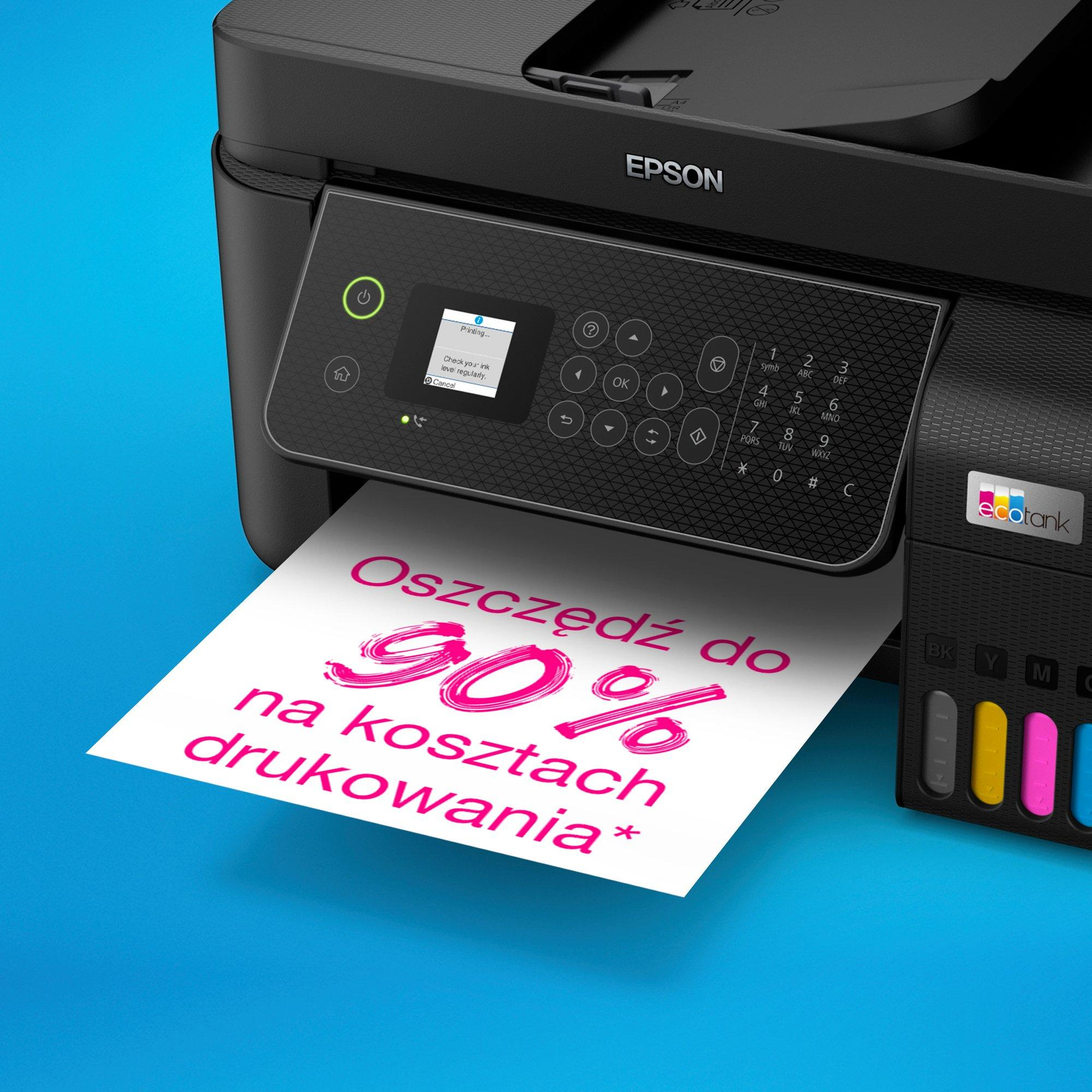 Drukarka Epson EcoTank drukuje kartkę z napisem "Oszczędź do 90% na kosztach drukowania".