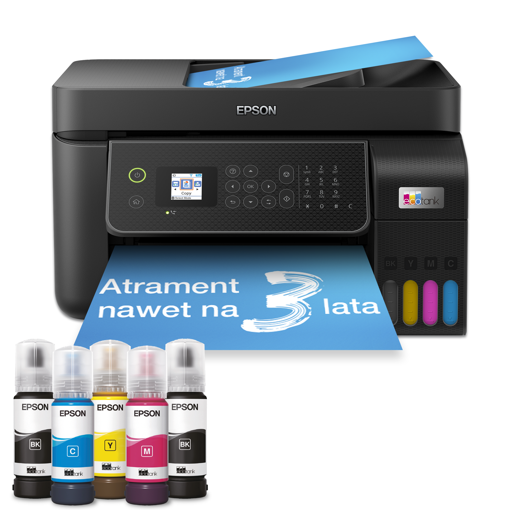 Czarna drukarka Epson EcoTank z butelkami z tuszem.