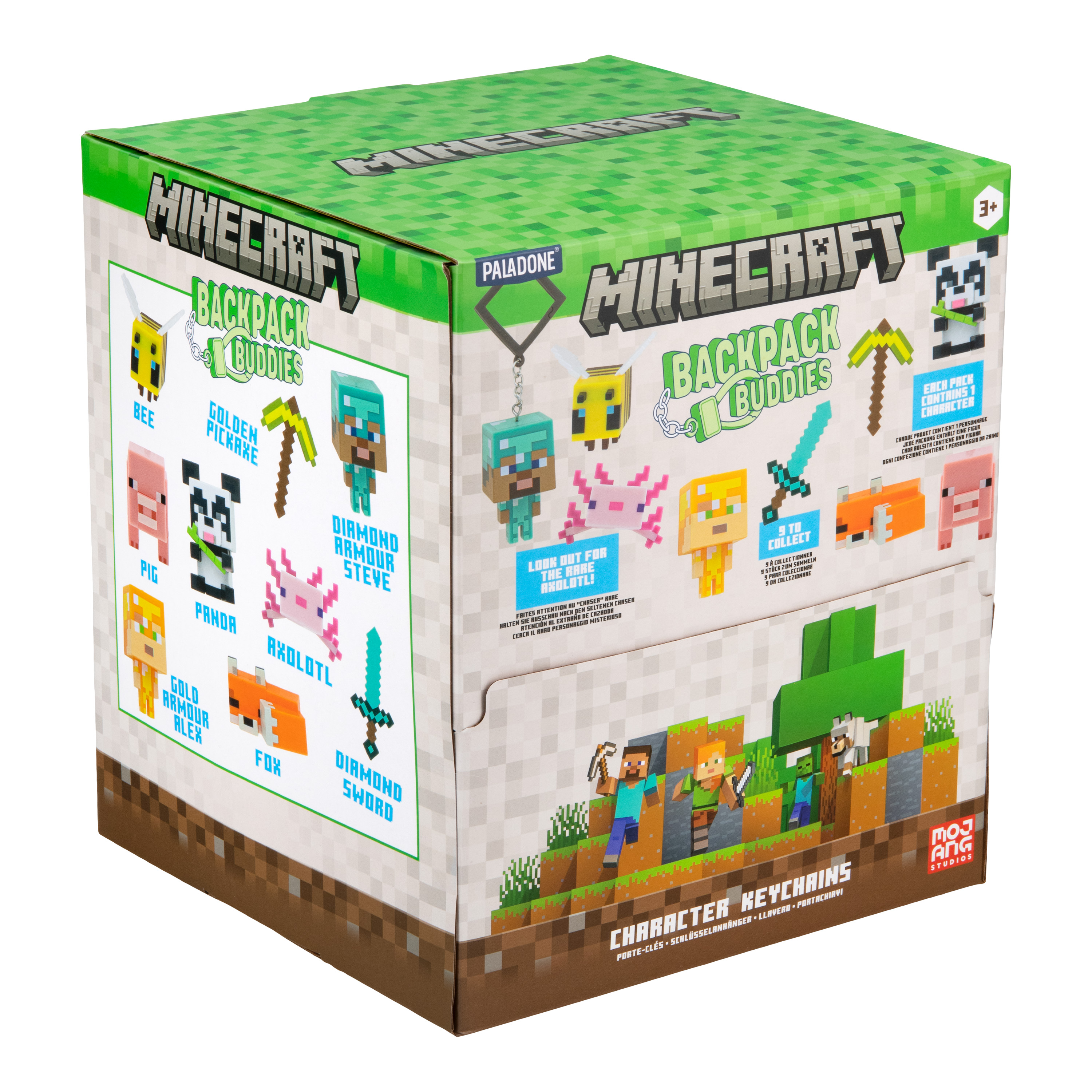 Minecraft Rucksack Buddies Box mit Charakteren wie Biene, Schwein, Panda, Fuchs und mehr.