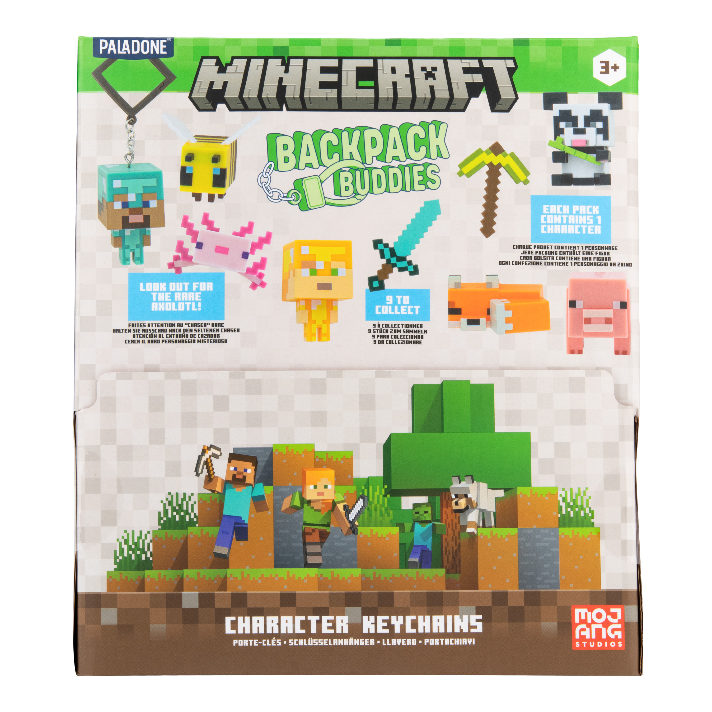 Minecraft Rucksack-Buddies-Verpackung mit Charakter-Anhängern.