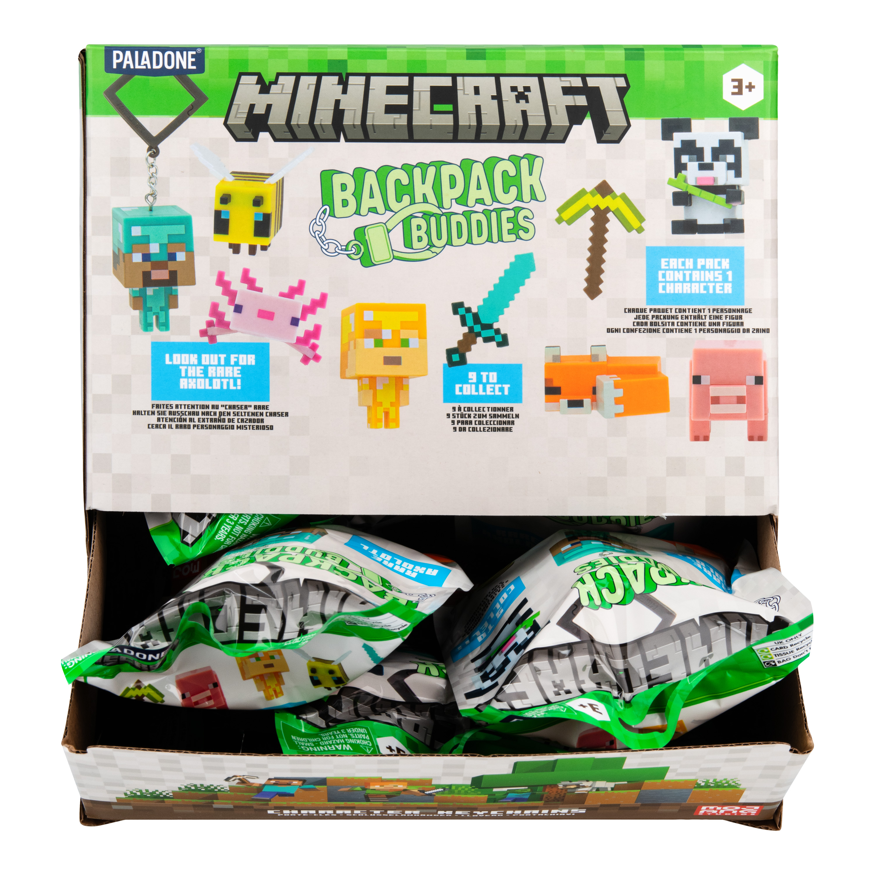 Minecraft Rucksack-Buddies-Verpackung mit abgebildeten Figuren und Beuteln.