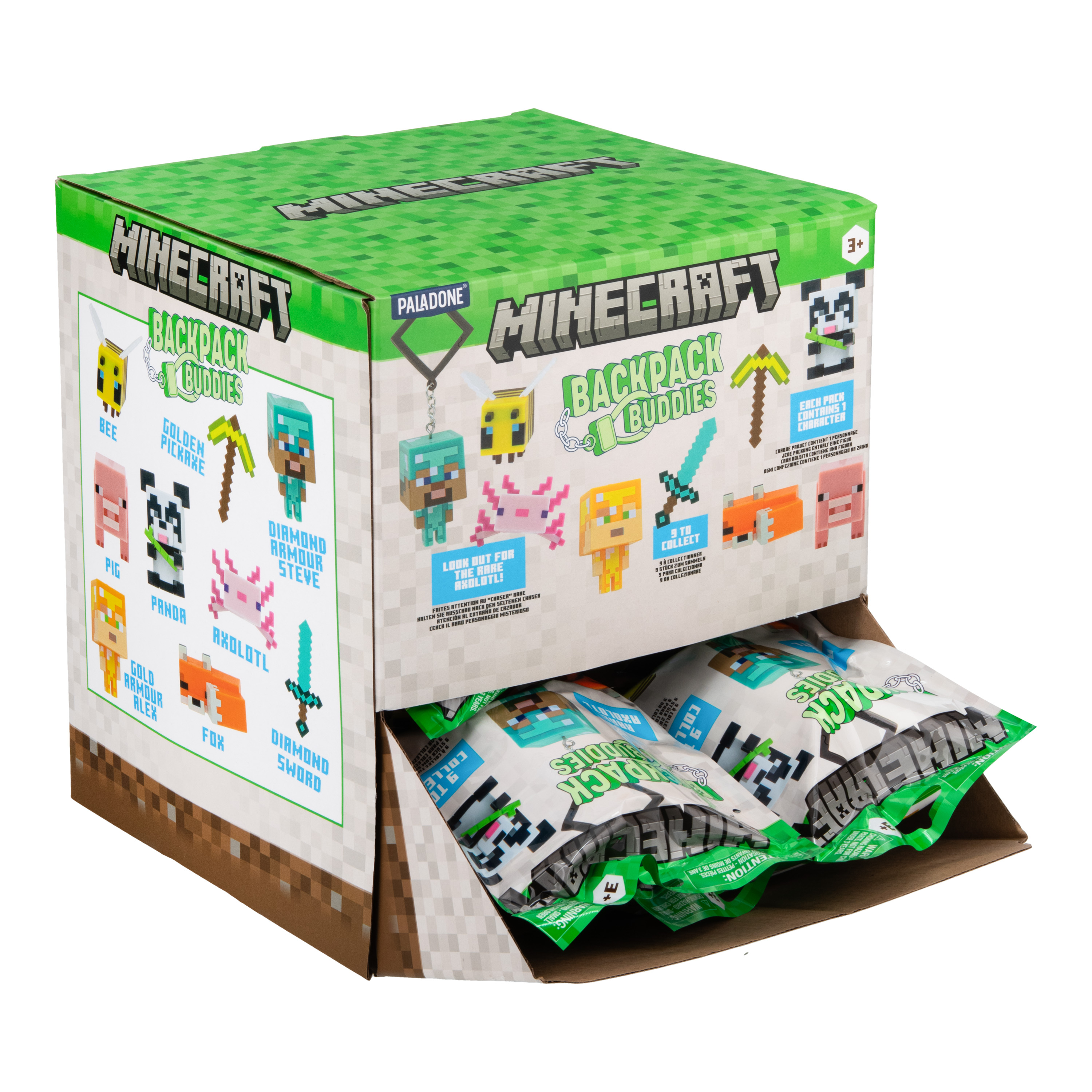 Minecraft Rucksack Buddies Display Box mit blind Bags, zeigt Charaktere wie Biene, Schwein, Panda, Steve, Axolotl, Fuchs.
