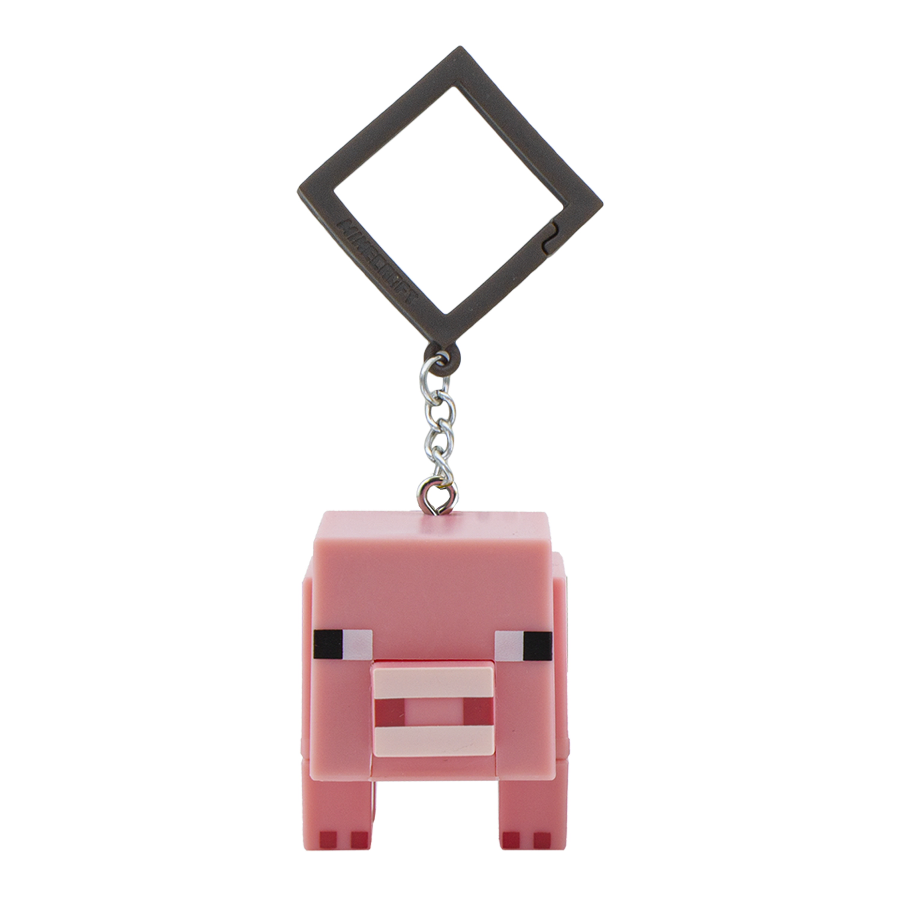 Ein Minecraft-Schwein-Schlüsselanhänger mit einem dunklen Rahmen und einer Kette.