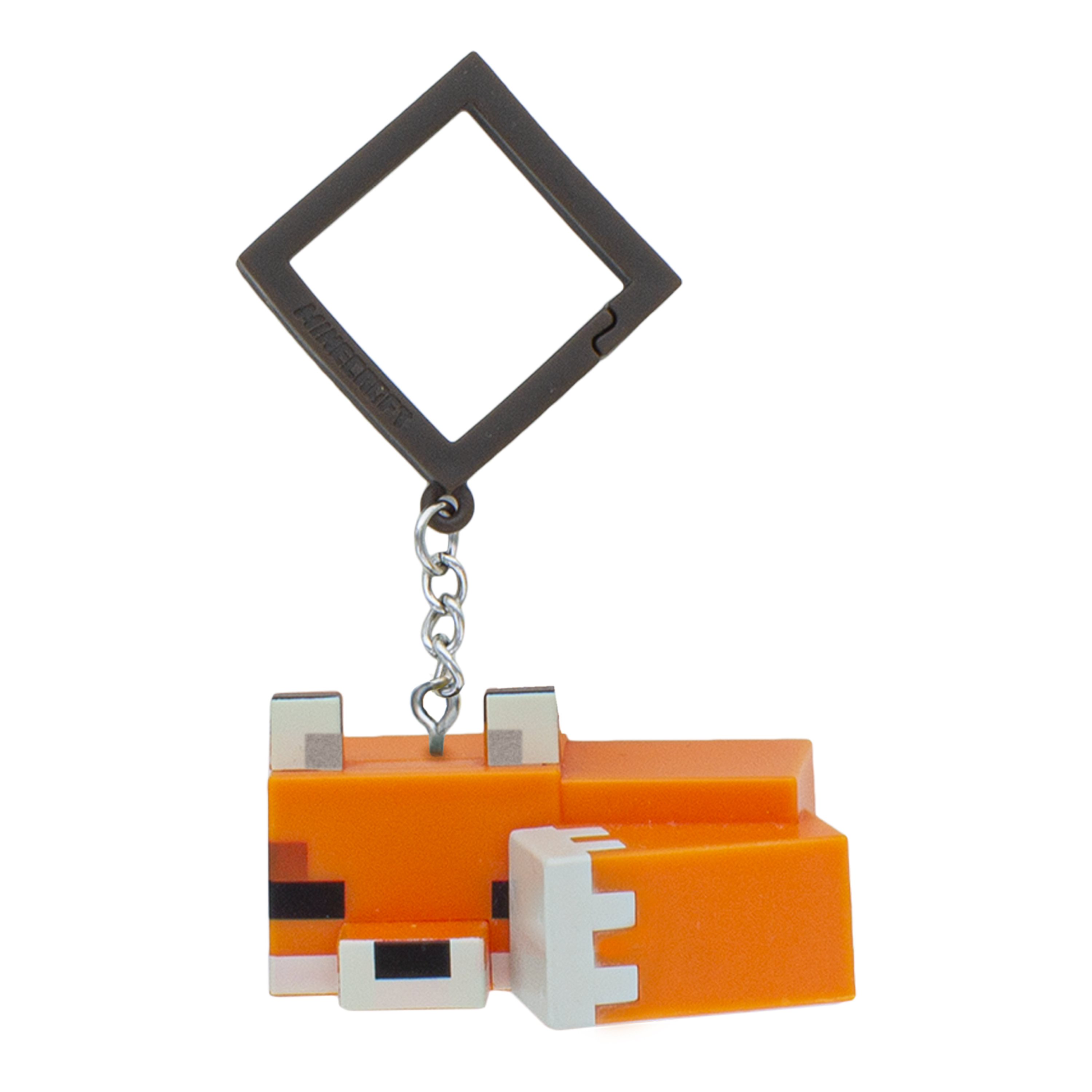 Ein orangefarbener Minecraft-Fuchs-Schlüsselanhänger mit einem dunklen Metallrahmen.