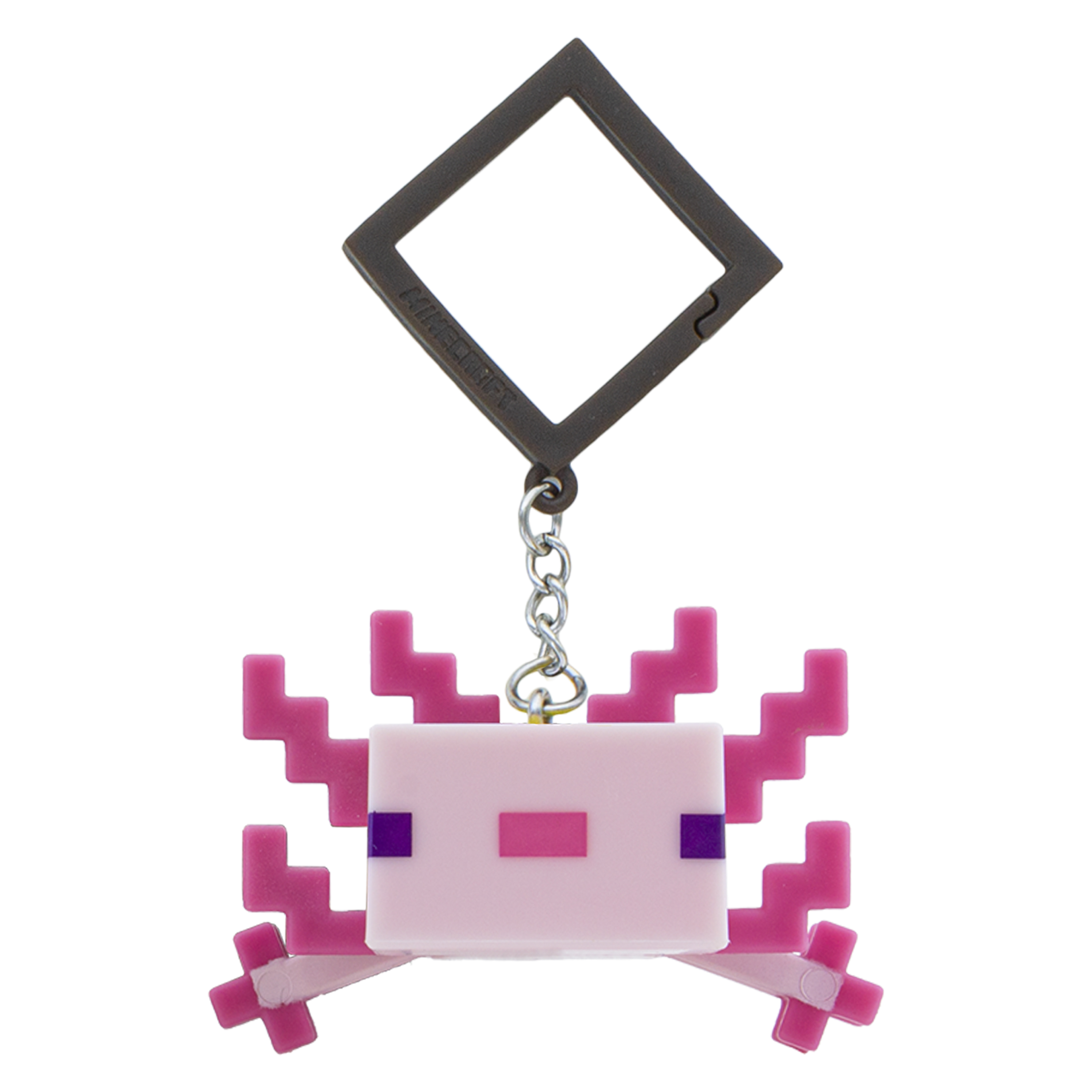 Ein Minecraft Axolotl Schlüsselanhänger aus rosa Pixeln mit einem dunklen Rahmen.