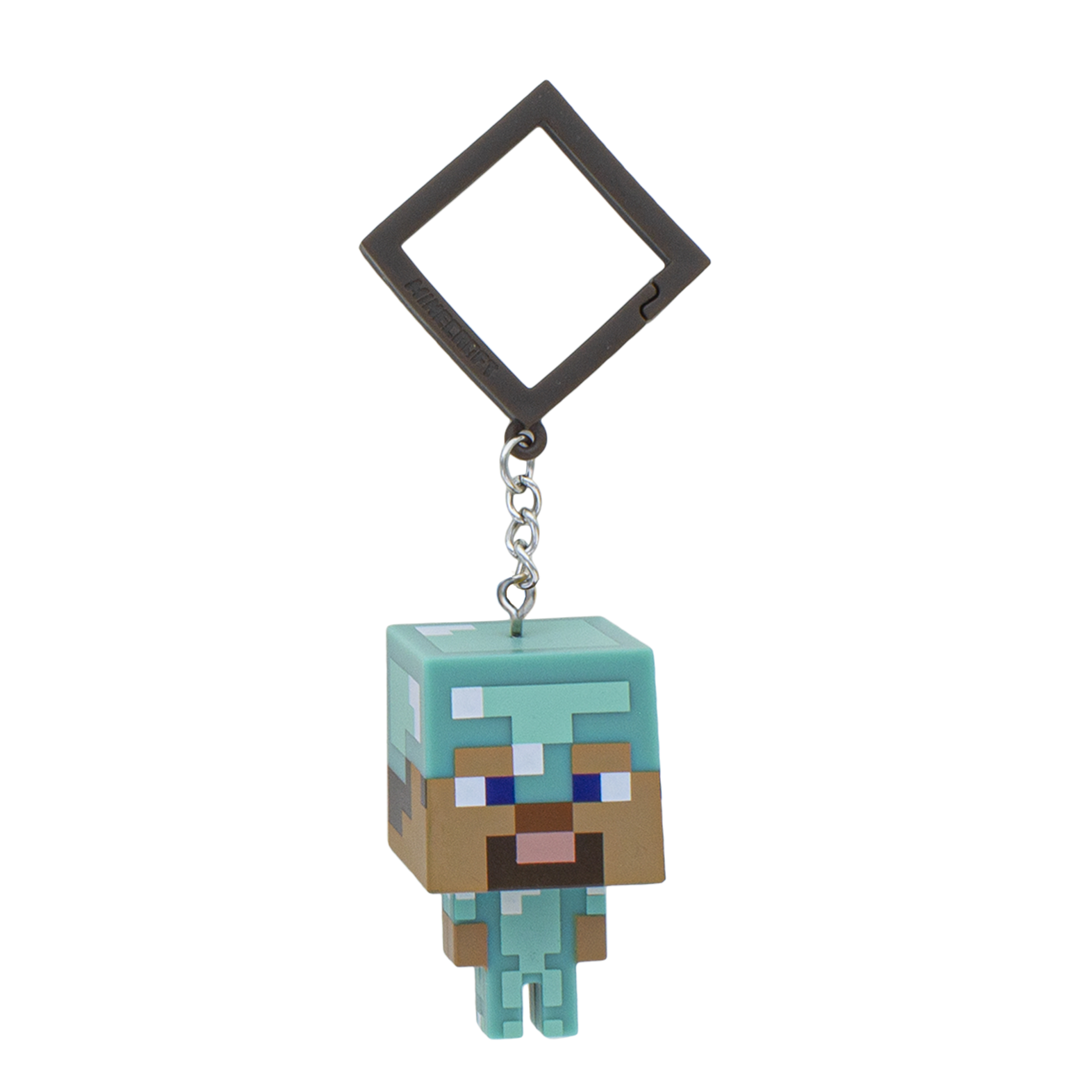 Minecraft-Schlüsselanhänger mit Steve-Figur in Türkis und Braun.