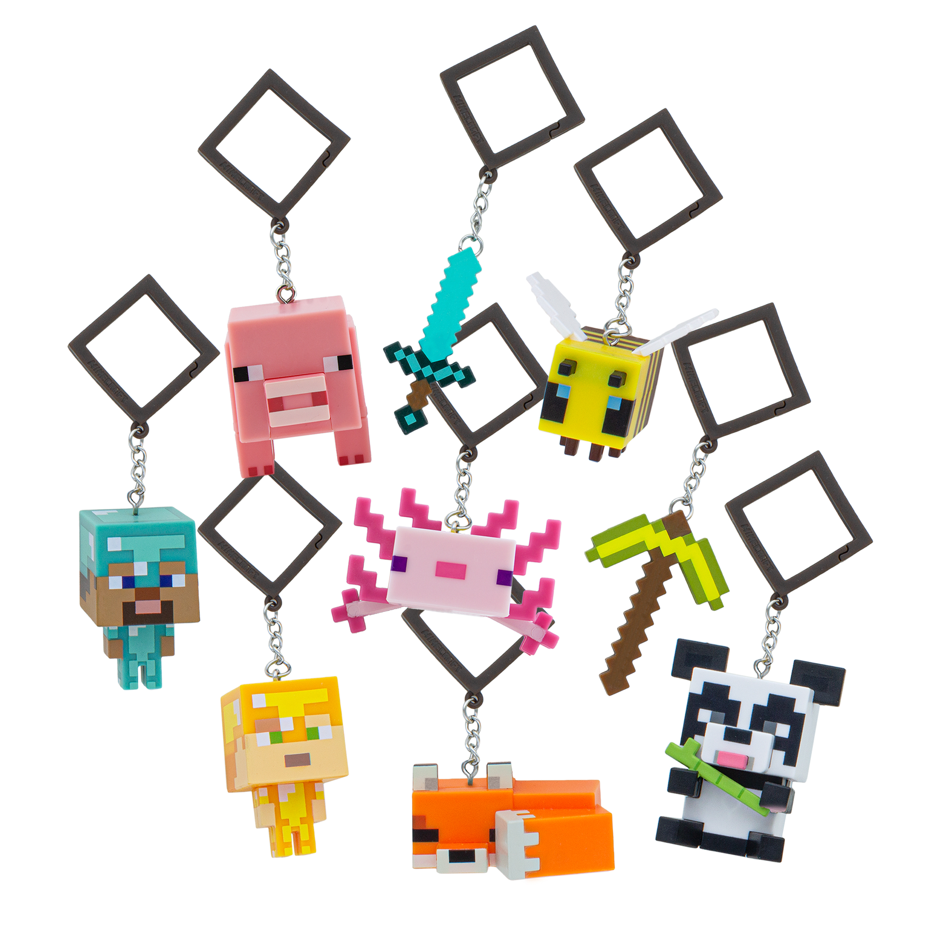 Minecraft-Schlüsselanhänger: Schwein, Schwert, Biene, Axolotl, Fuchs, Panda, Steve, Spitzhacke.