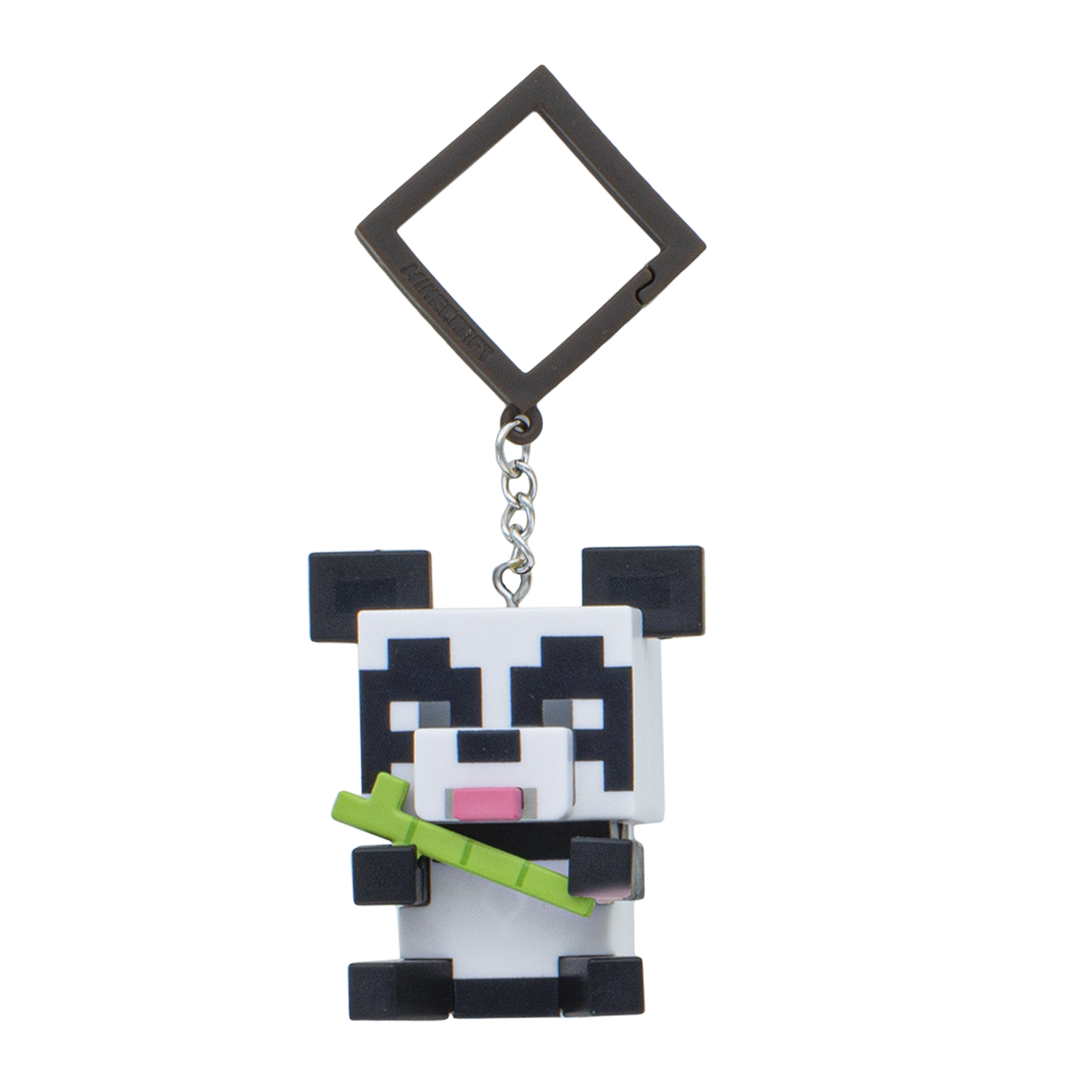 Pixeliger Panda-Schlüsselanhänger hält Bambus.