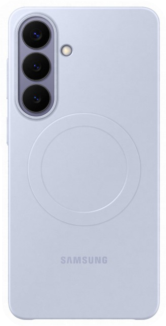 Világoslila Samsung telefon hátoldala, három kamerával és kör alakú mintával.