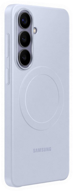 Egy lila Samsung telefon három kamerával és mágneses körrel a hátoldalán.