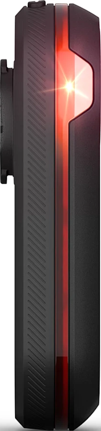 Schwarzes Gerät mit roter Beleuchtung und Rillenmuster.
