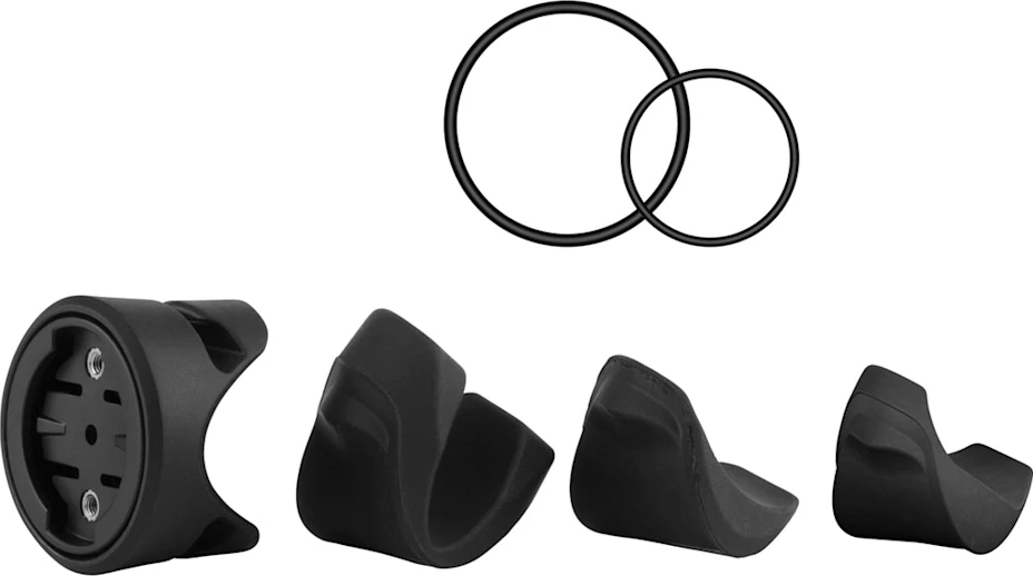 Schwarzer Fahrradcomputer-Halter mit Gummiringen und drei Halterungseinsätzen.