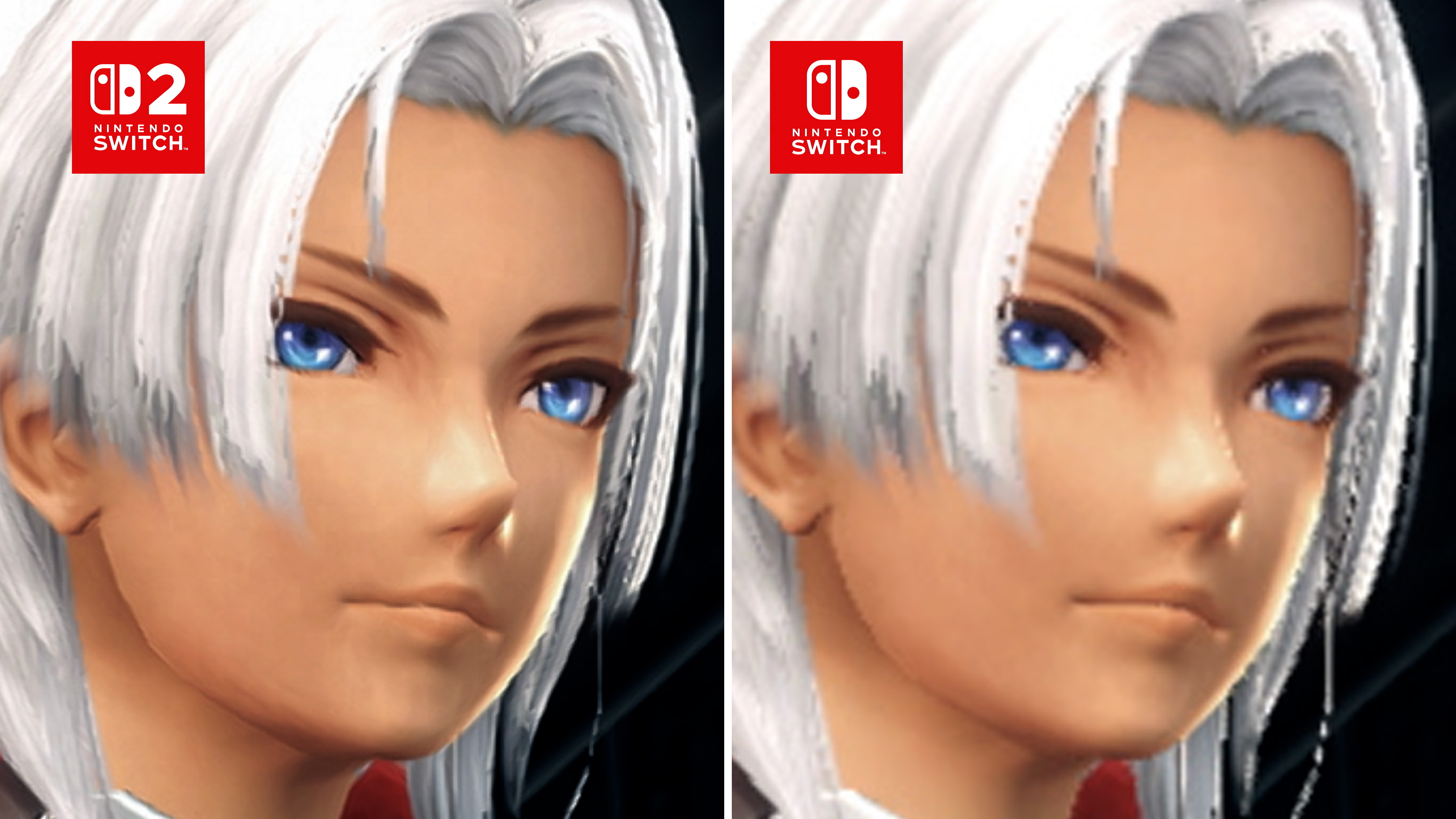 Un personaggio anime con capelli bianchi e occhi blu, logo Nintendo Switch.