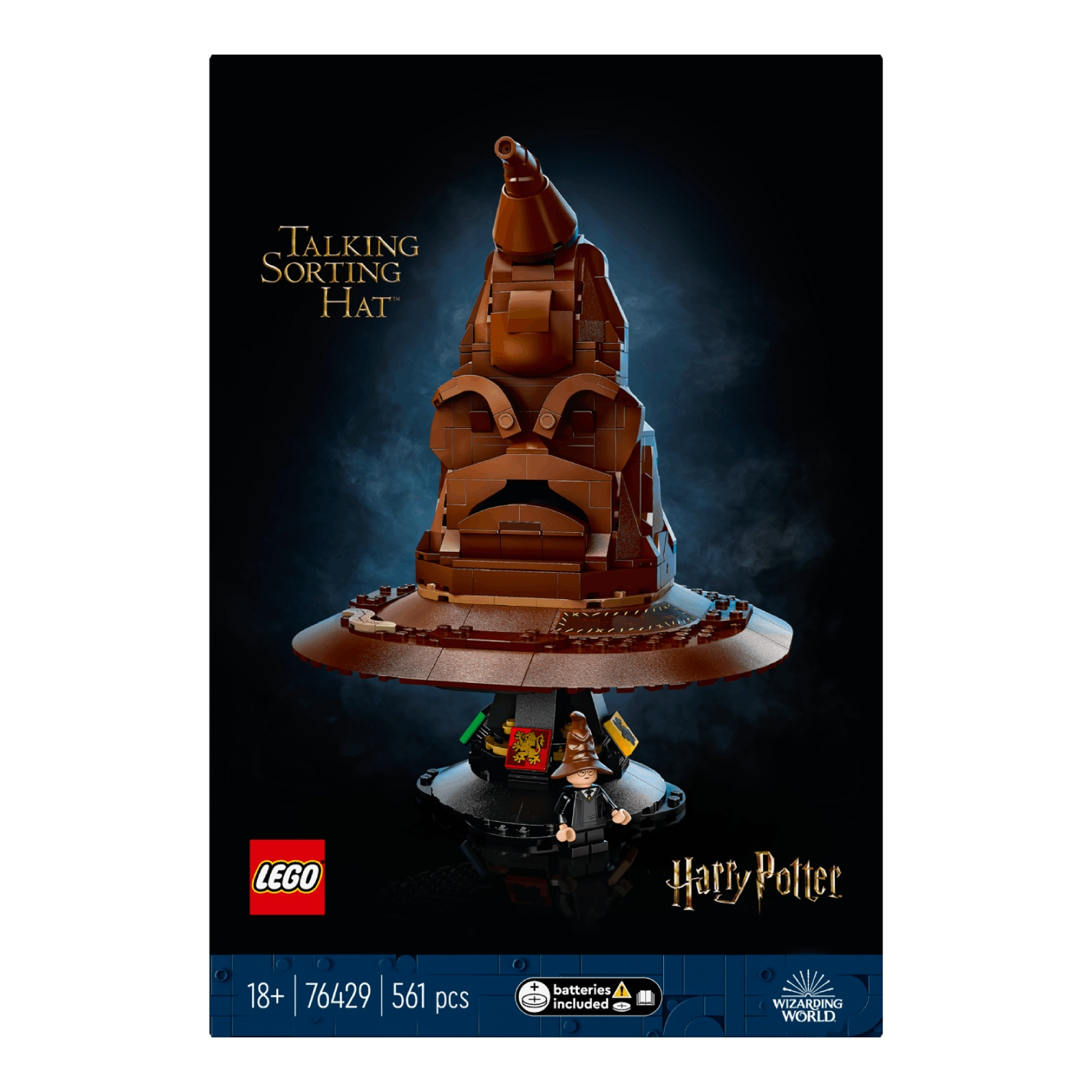 Lego Harry Potter Talking Sorting Hat set with minifigure and Lego logo.